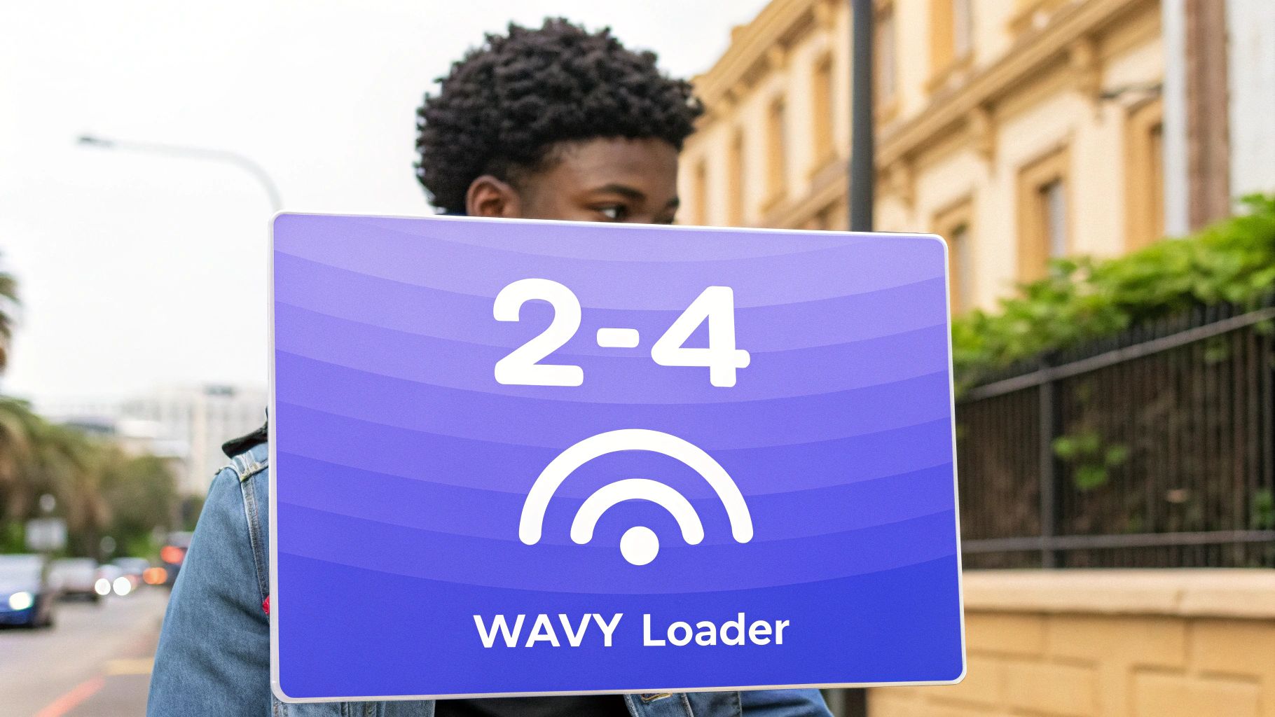 A young person holds a purple sign displaying '2-4', a Wi-Fi-like icon, and 'WAVY Loader'.