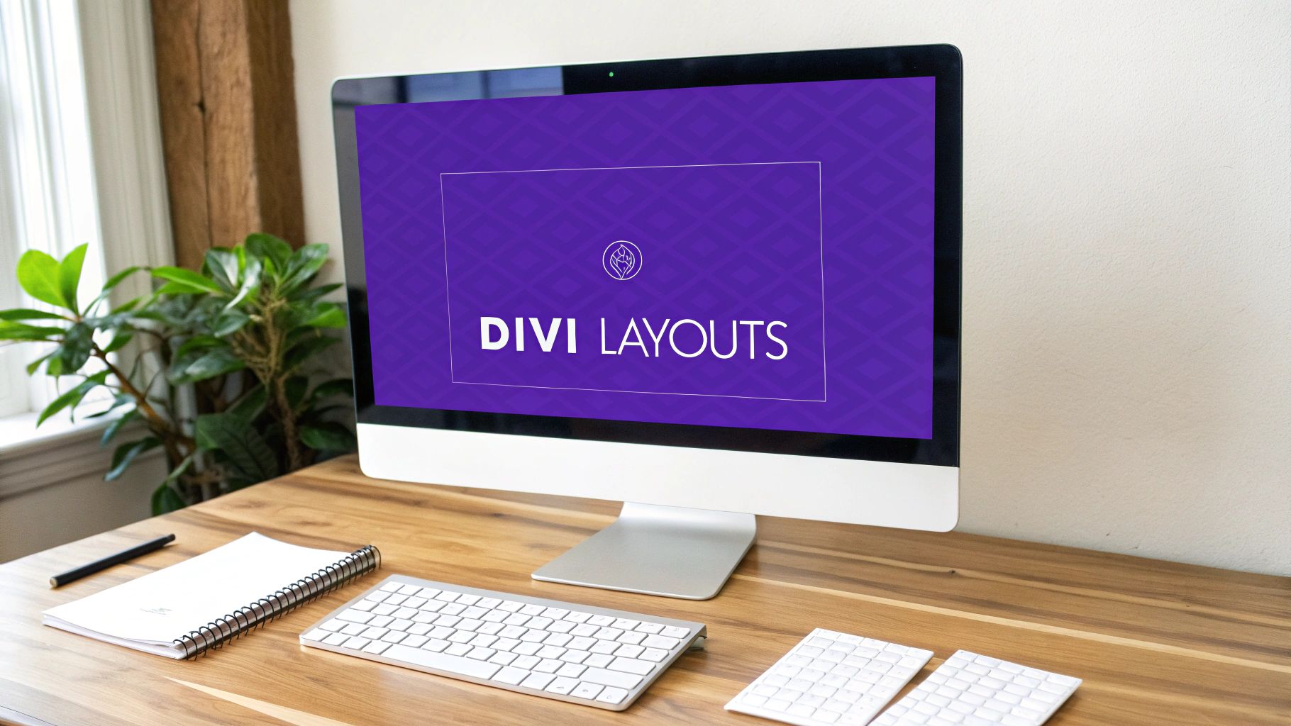 A clean wooden desk setup featuring an iMac displaying 'DIVI LAYOUTS', a notebook, and keyboards.