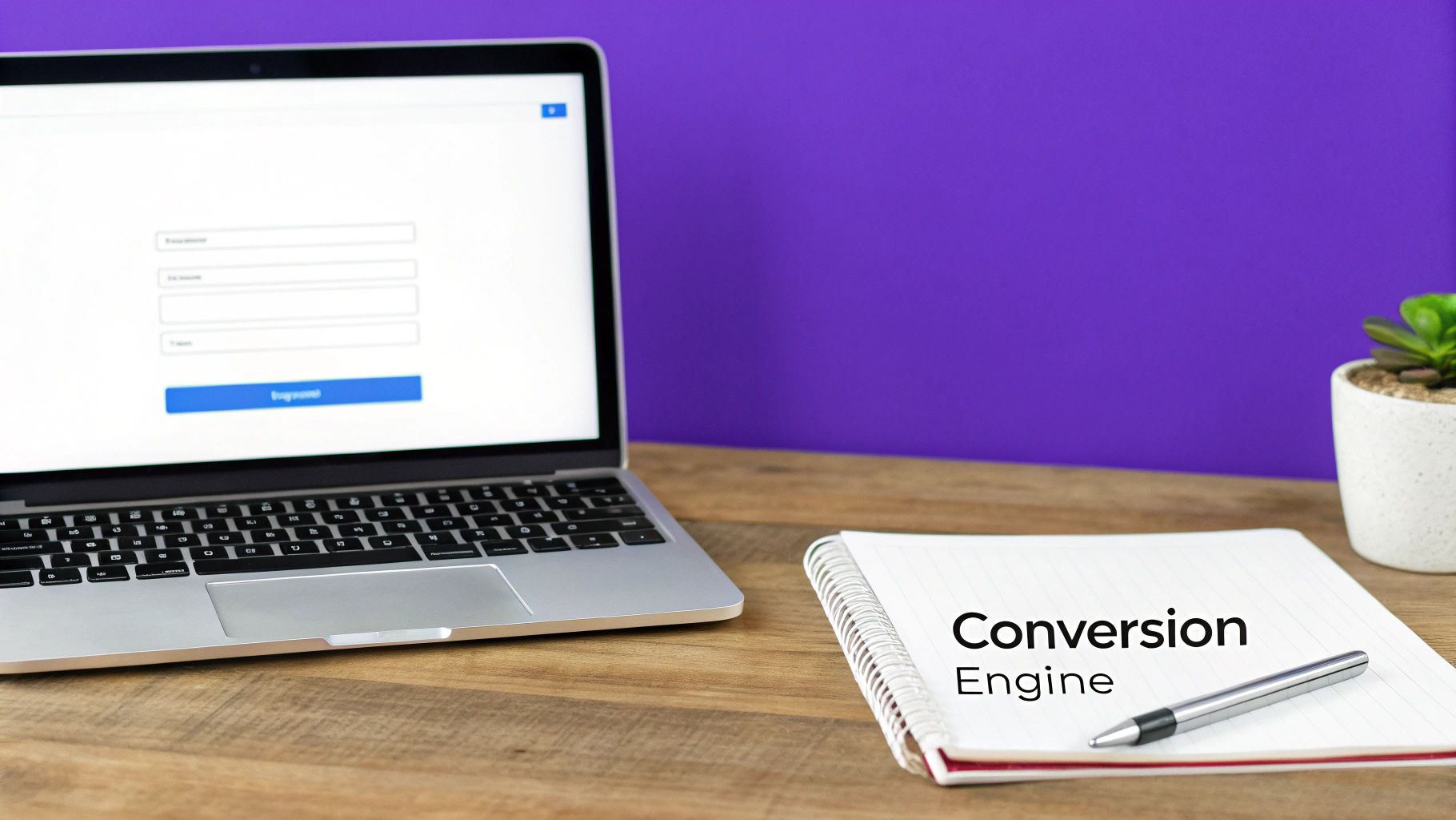 A laptop showing a login/signup form, a notebook with "Conversion Engine" and a pen on a wooden desk.
