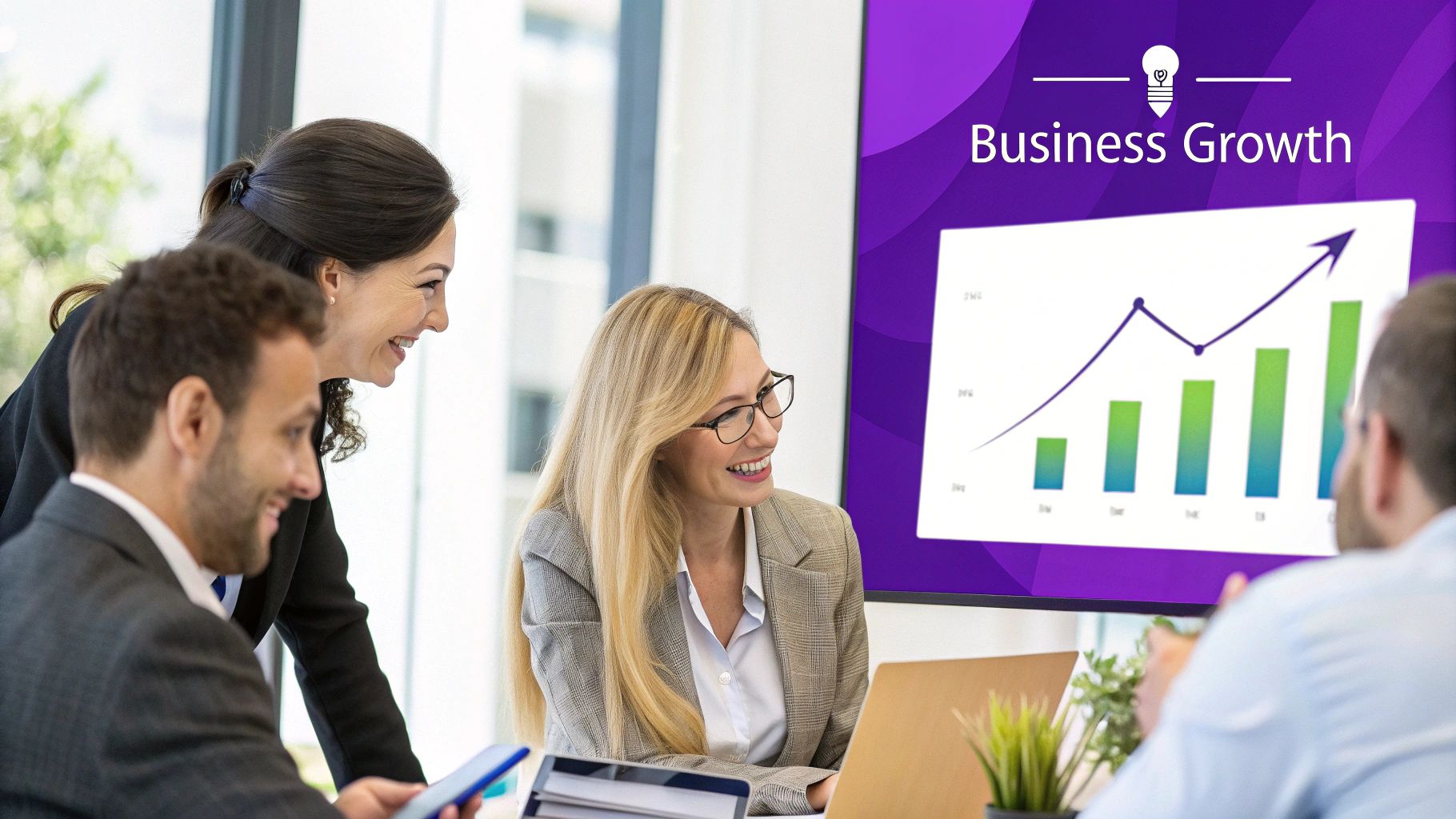 A person pointing at a screen showing business growth charts and analytics.