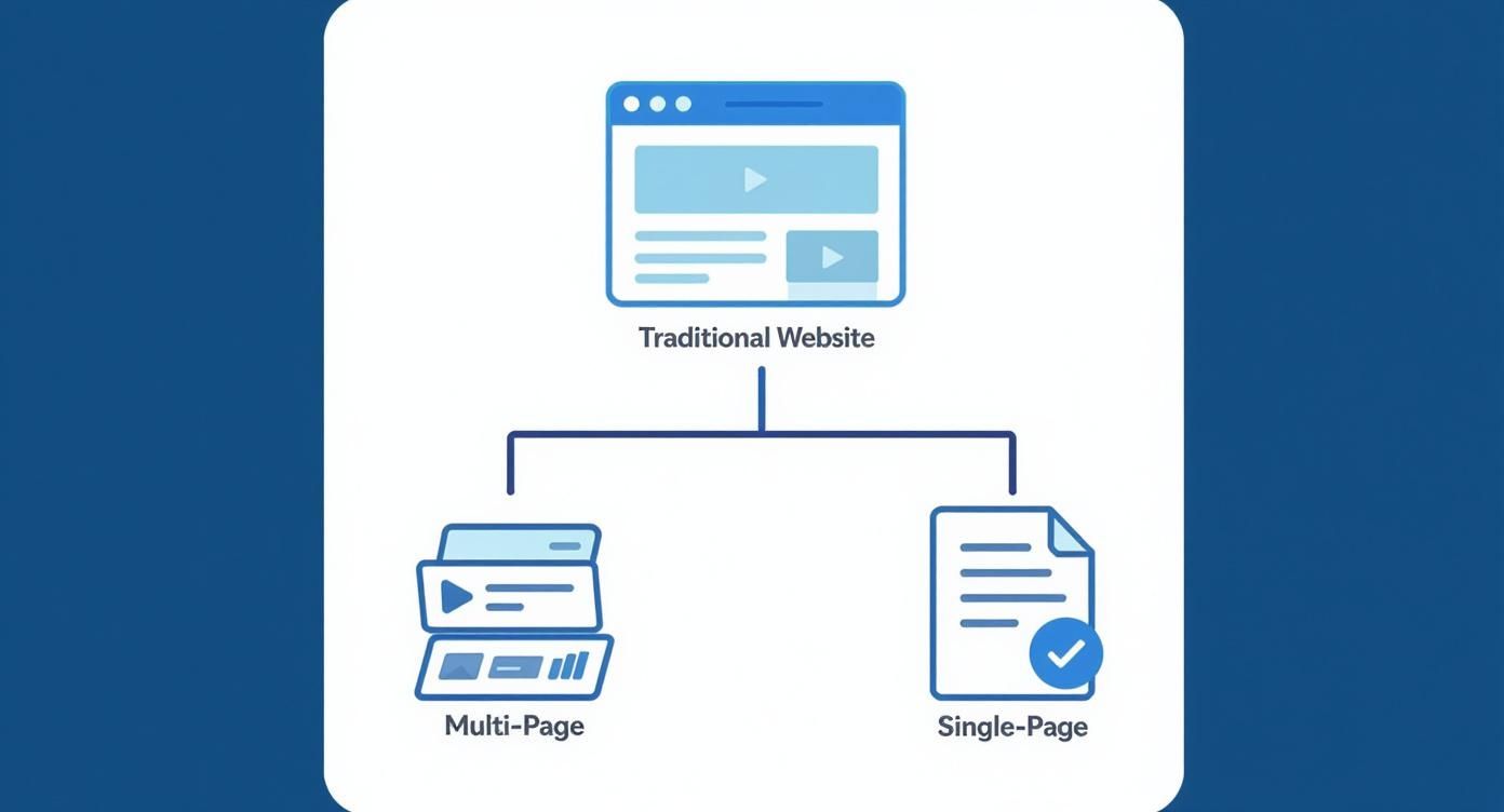 Infographic showing the hierarchy of website types, with Traditional Website at the top, branching down to Multi-Page and Single-Page options.