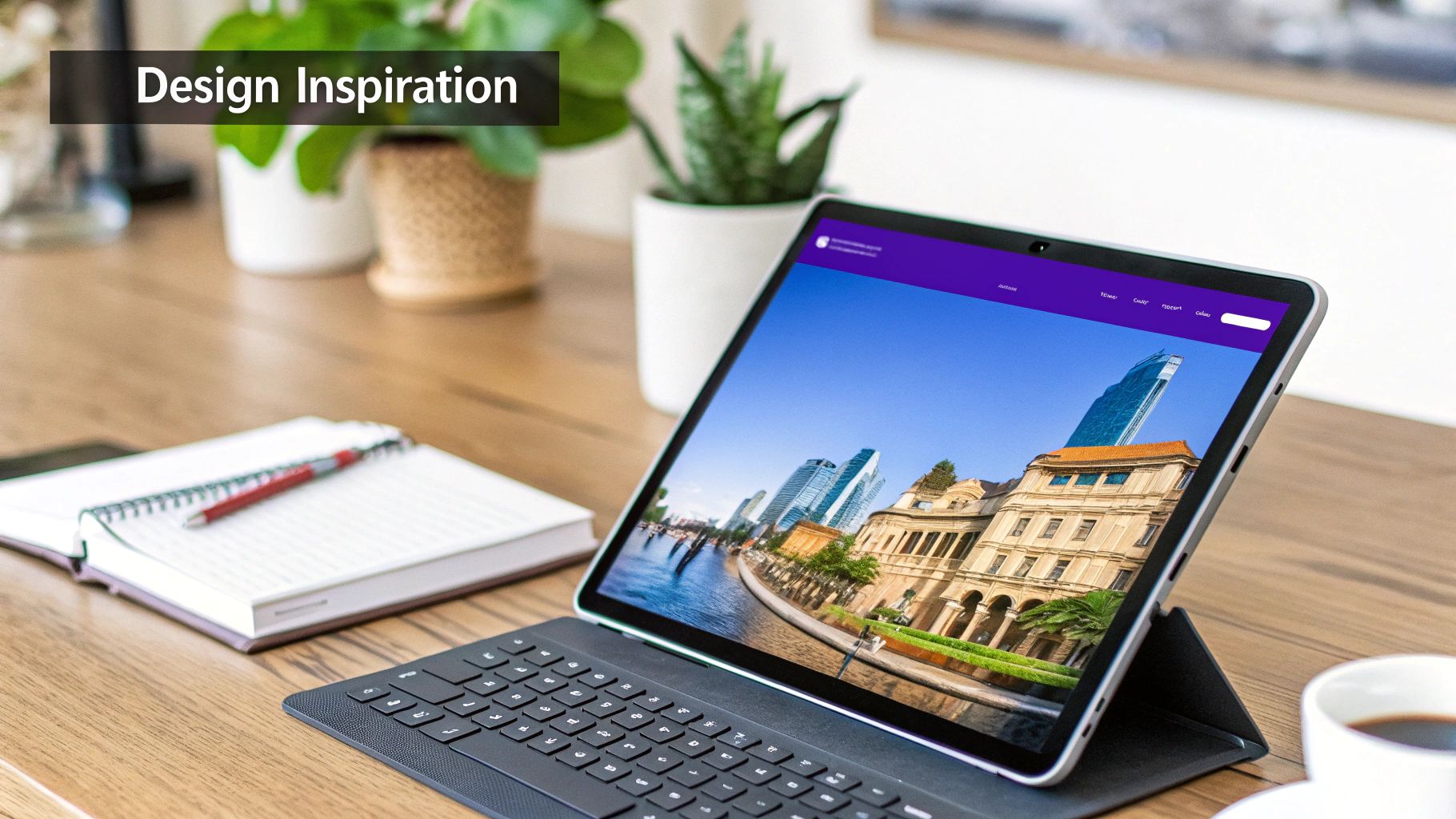 A tablet displaying a beautiful cityscape is set on a wooden desk alongside a notebook and coffee cup.