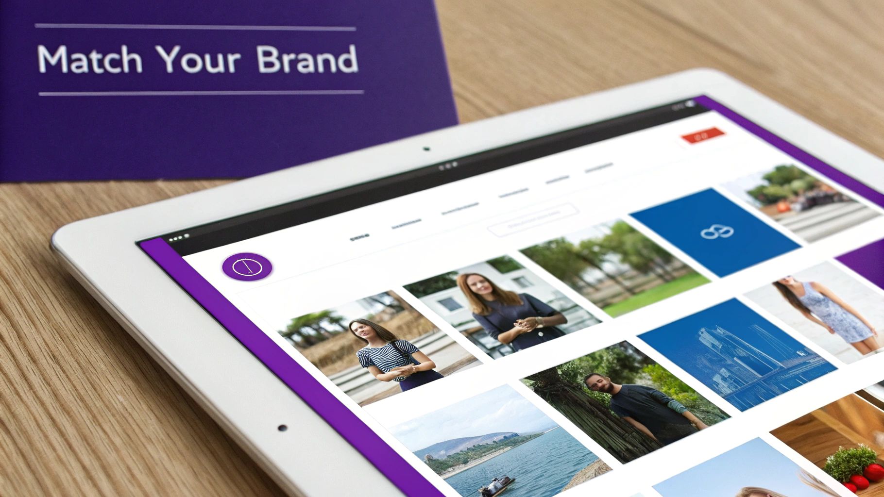A white tablet displays a digital image feed or gallery with a purple 'Match Your Brand' sign.