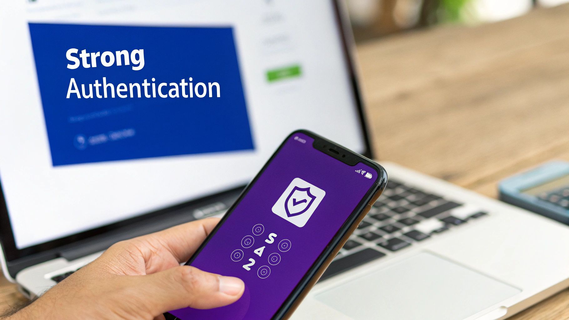 Hand holding smartphone showing security app for strong authentication, with a laptop in the background.