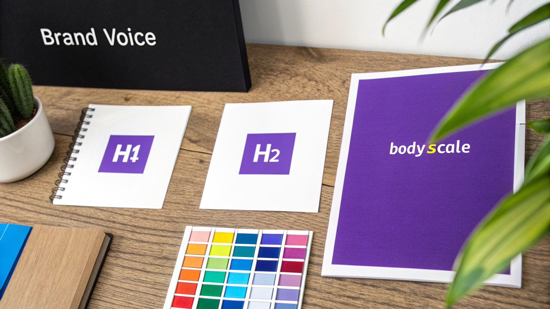 Various design elements on a wooden desk, including brand voice, typography examples, and a vibrant color palette.