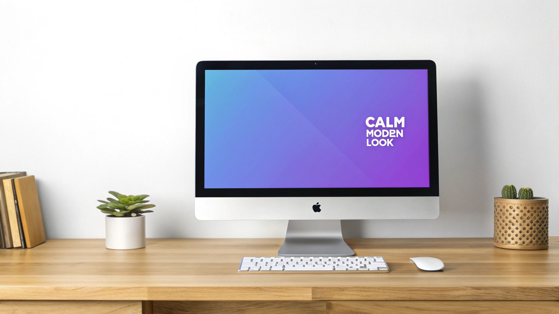 A modern iMac computer with a pastel gradient background on a wooden desk, surrounded by office items.