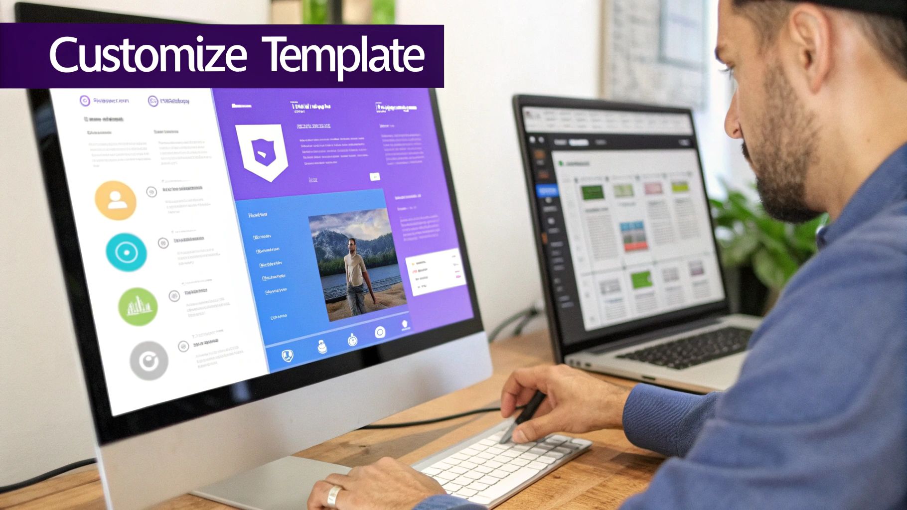 A man customizes a vibrant landing page template on a desktop computer, with a laptop open on the desk.