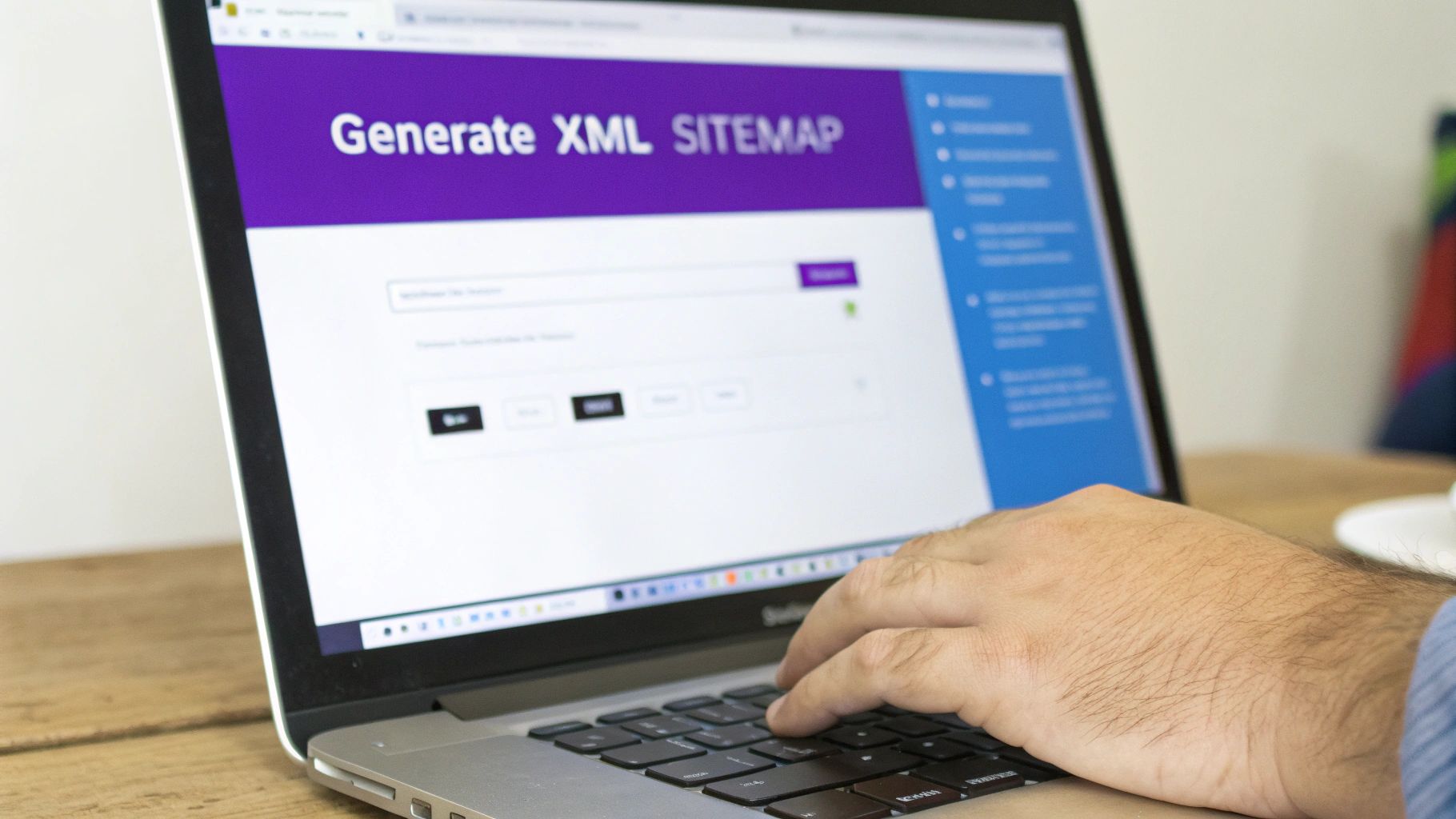 A person's hand typing on a laptop, using a website to generate an XML sitemap.