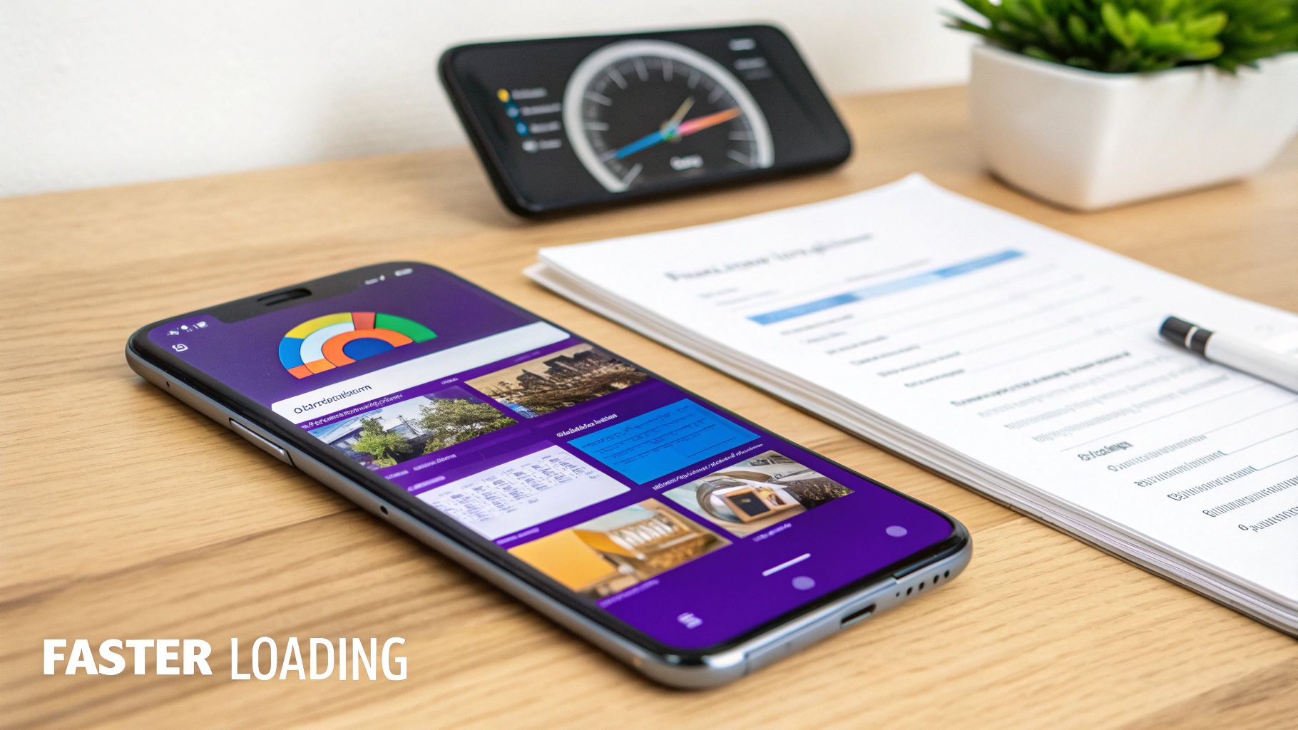 An abstract image representing website speed and optimization with geometric shapes and lines suggesting fast movement.