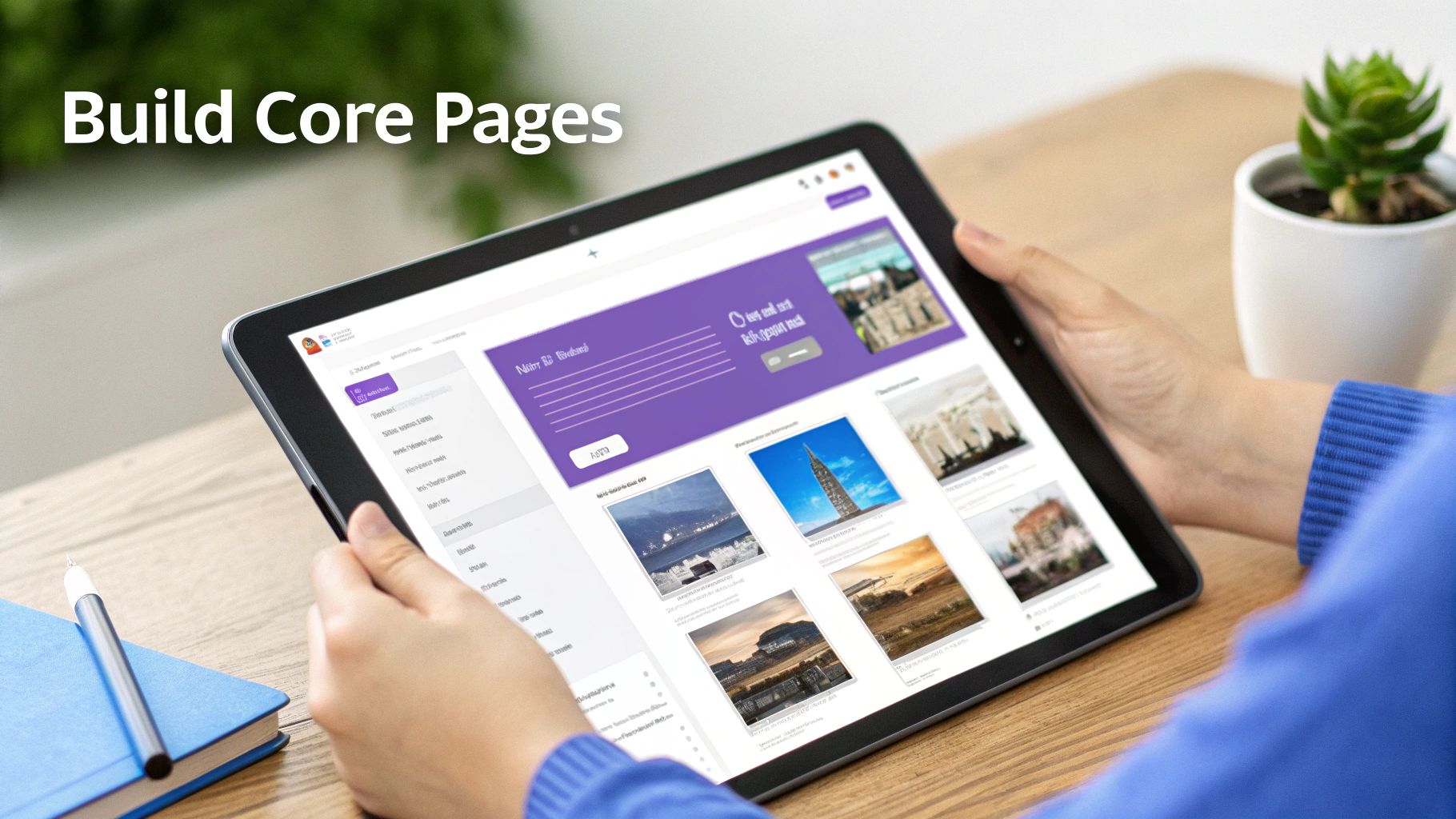 A person holding a tablet displaying a website interface, demonstrating digital page building.