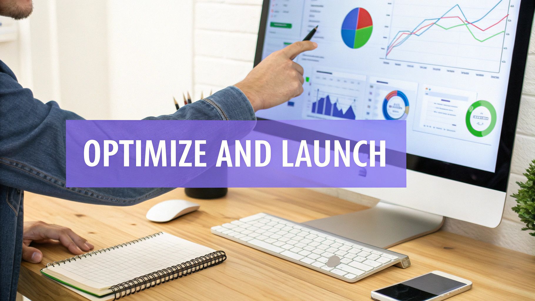 A professional analyzing sales data and charts on a computer screen, with 'OPTIMIZE AND LAUNCH' banner.