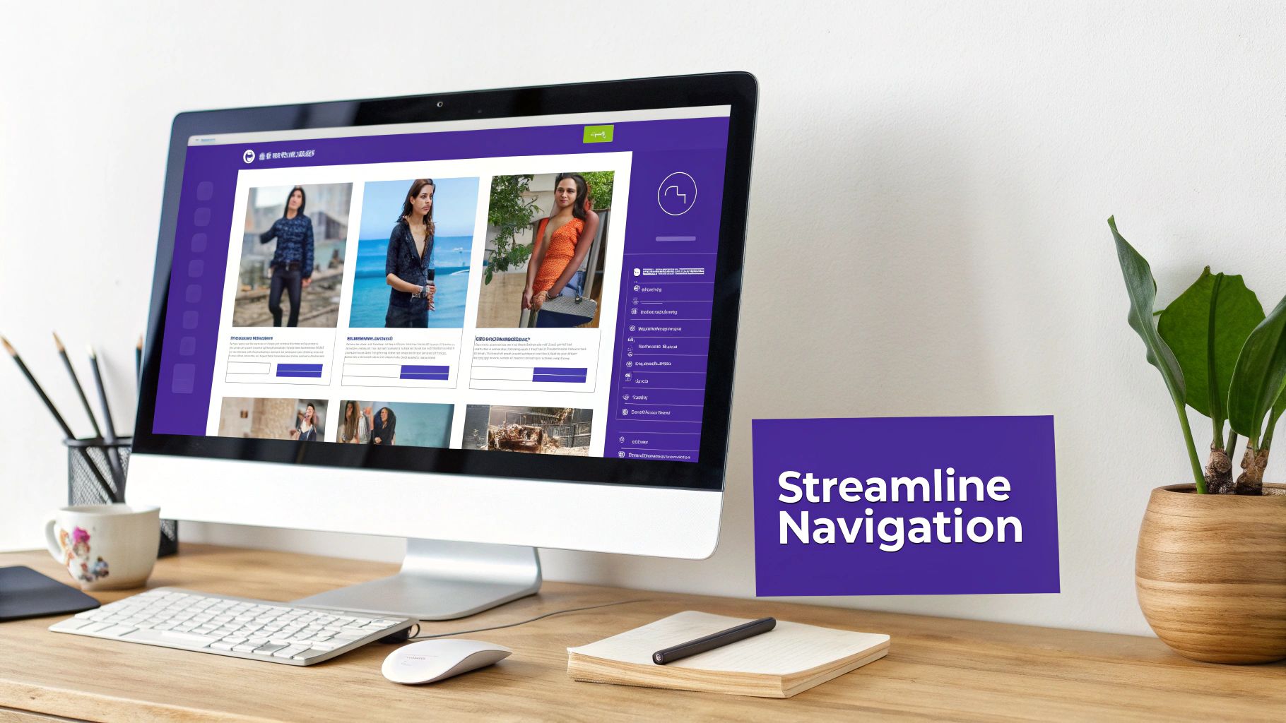 Desktop computer displaying a website with a comprehensive navigation menu and a "Streamline Navigation" banner.