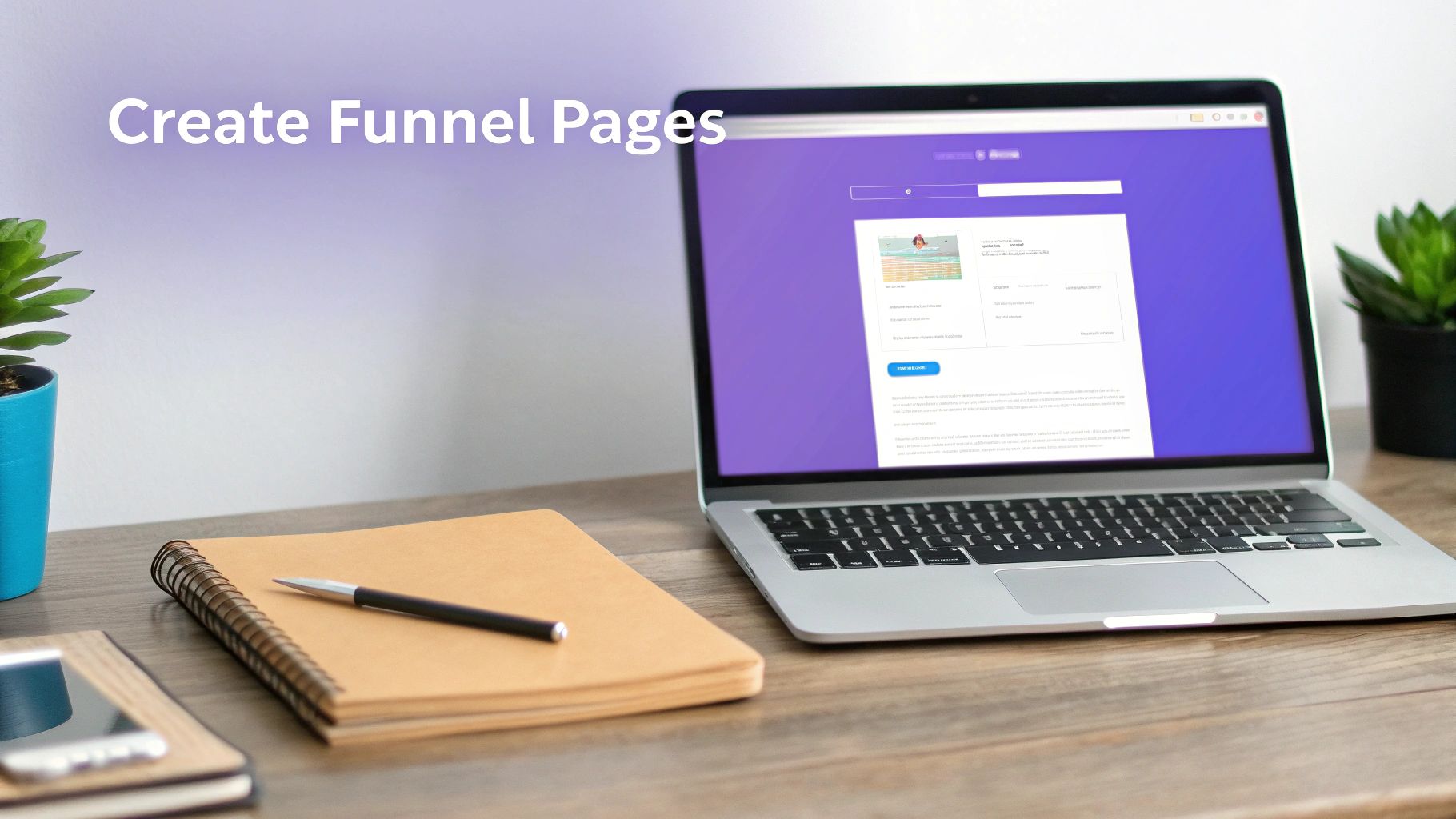 A laptop on a wooden desk displays a web interface for creating funnel pages, with a notebook and pen nearby.