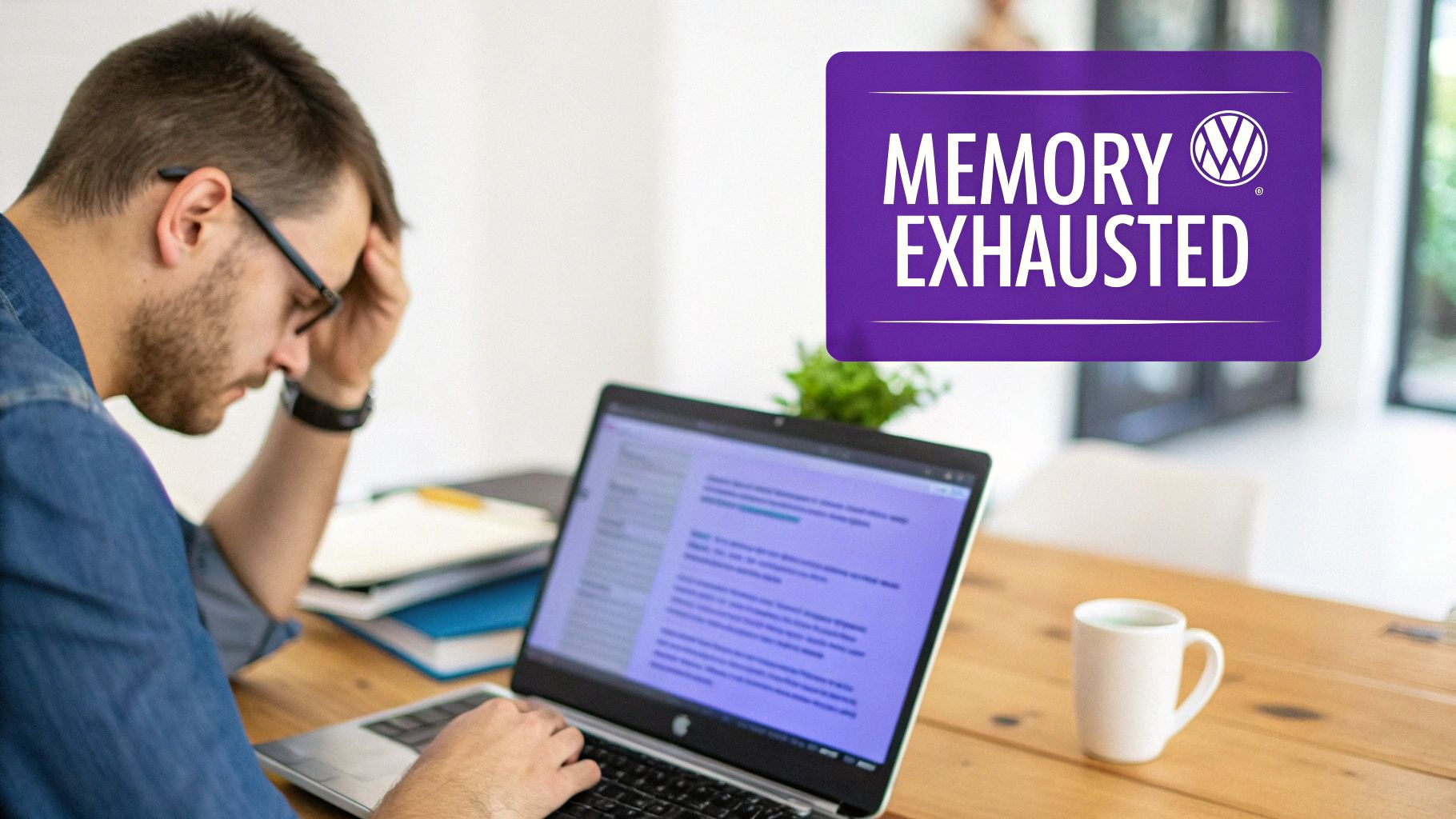 A stressed man with glasses and a beard works on a laptop, a 'MEMORY EXHAUSTED' sign above.