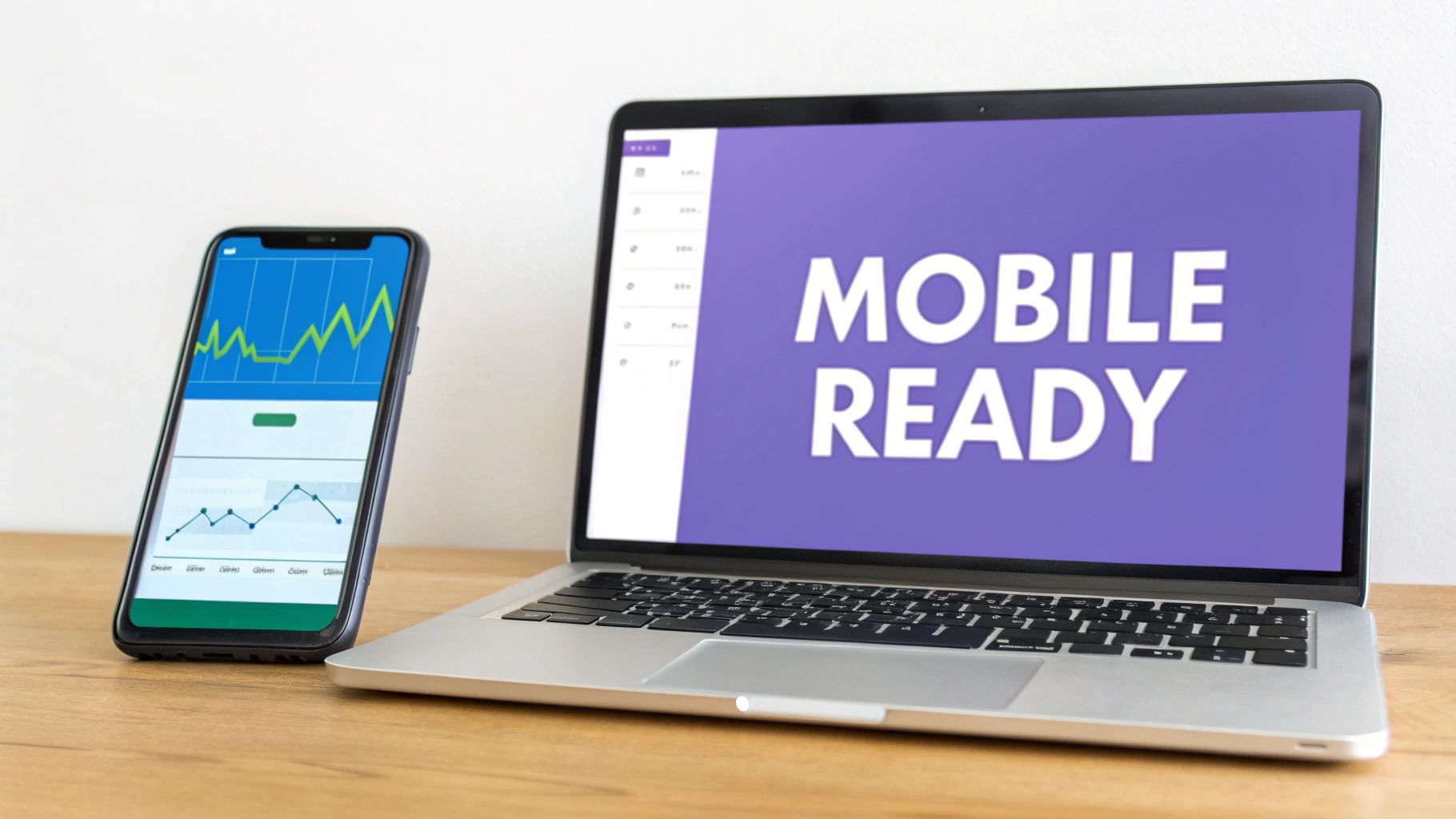 A laptop displaying 'MOBILE READY' and a smartphone showing data analytics graphs on a wooden desk.