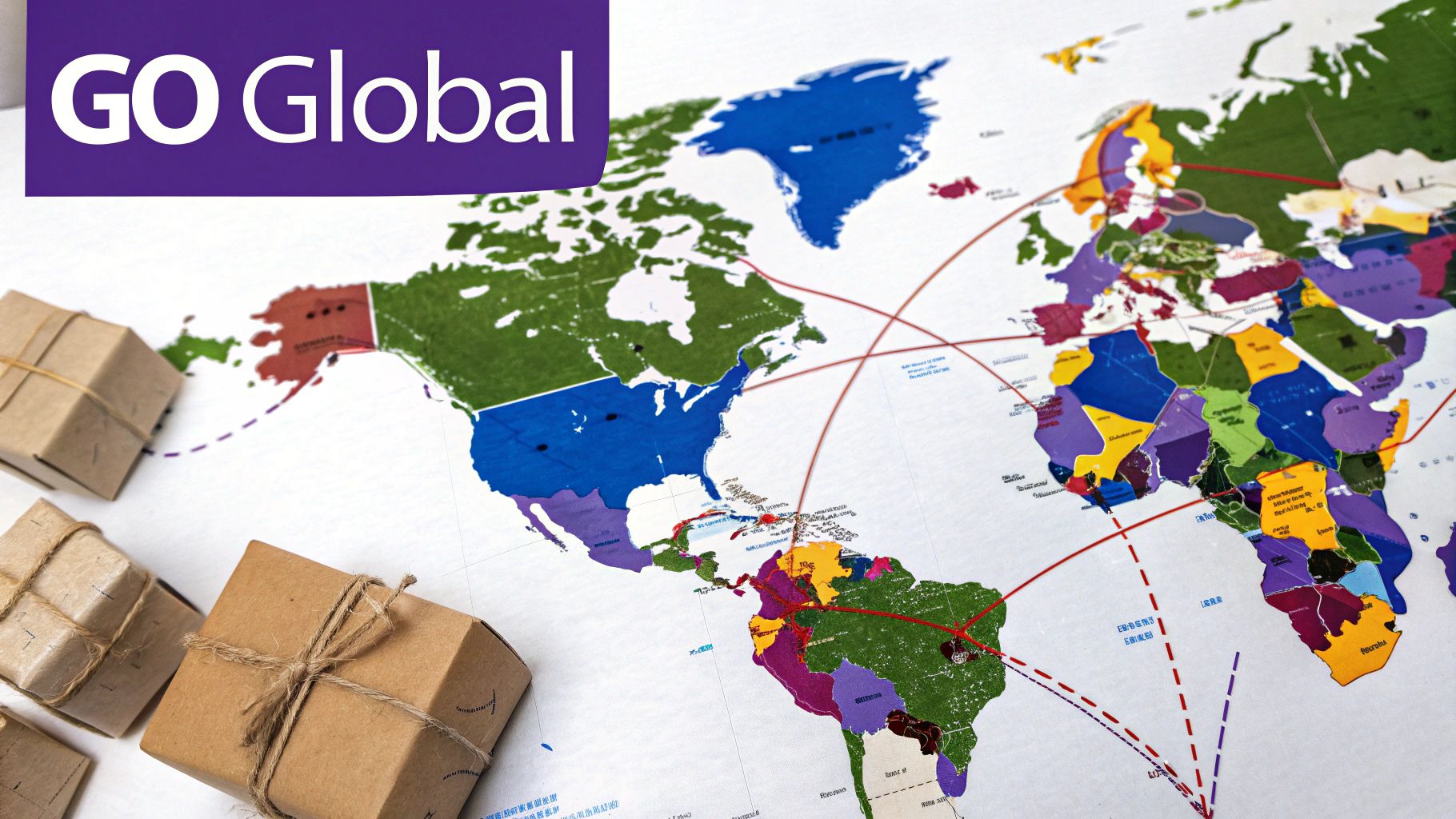 A stylized world map with glowing connection lines, symbolizing global ecommerce.