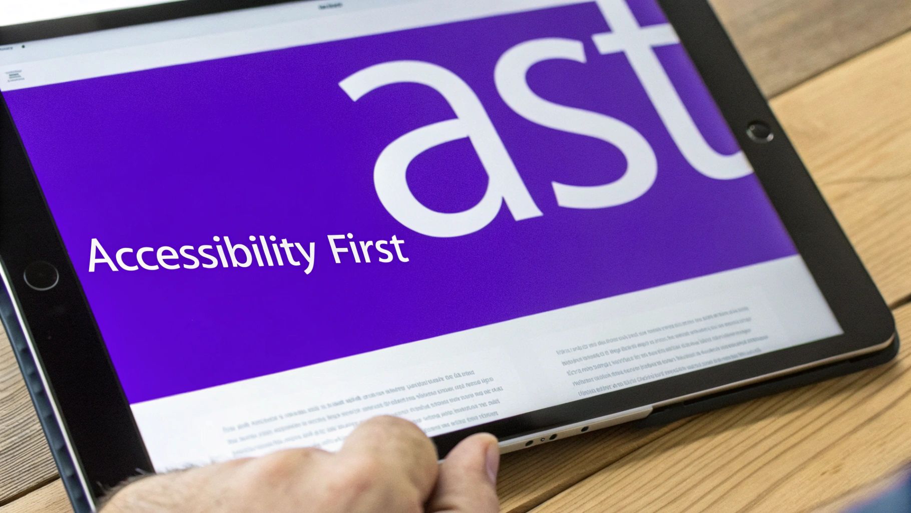 A tablet displaying a purple screen with the text 'Accessibility First' and a large 'ast' logo, with a hand reaching to touch it.