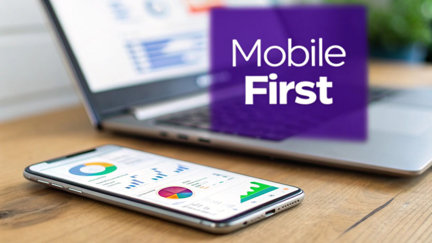 A smartphone showing data analytics charts and graphs with a laptop, highlighting 'Mobile First'.