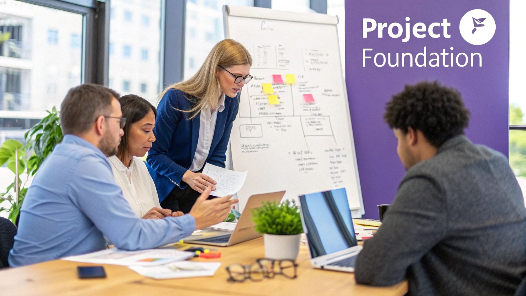 A team collaborating on a website project plan with sticky notes on a glass wall.