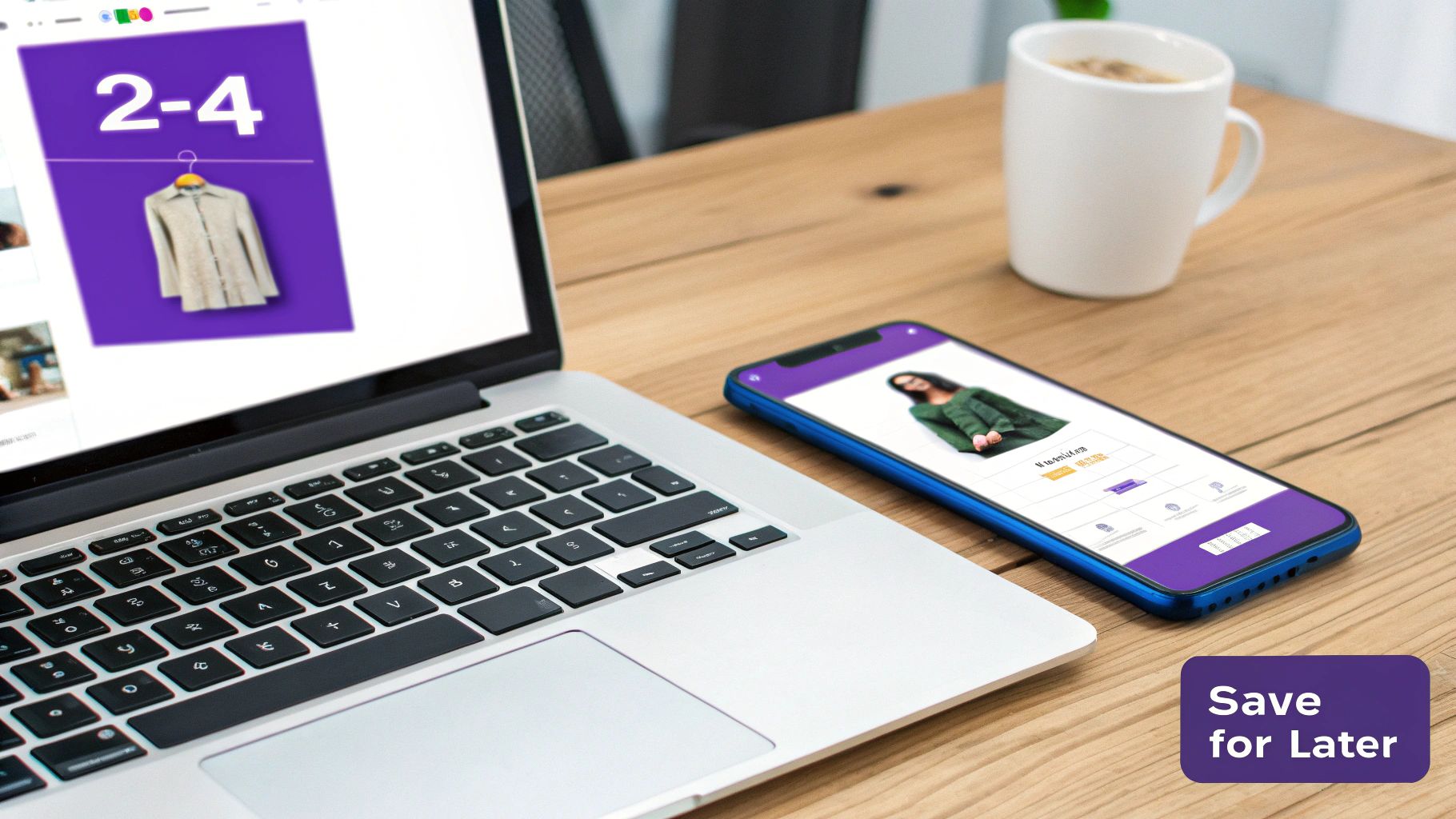 A laptop and smartphone display online shopping items, with a coffee mug on a wooden desk.