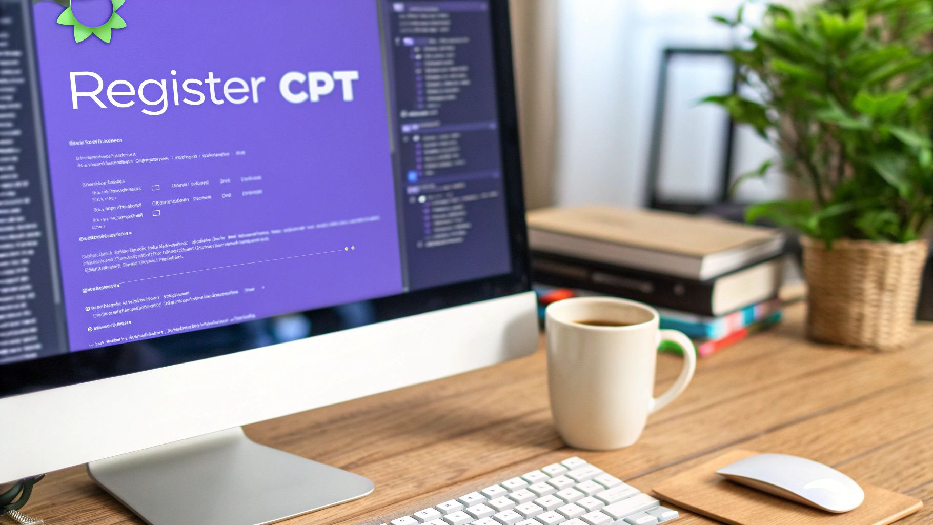 A computer monitor displays a 'Register CPT' form on a wooden desk with a keyboard, mouse, coffee mug, and plant.