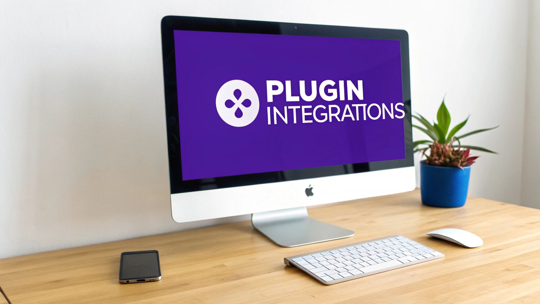 An Apple iMac displaying 'PLUGIN INTEGRATIONS' on a purple screen, with a phone, keyboard, mouse, and plant on a wooden desk.