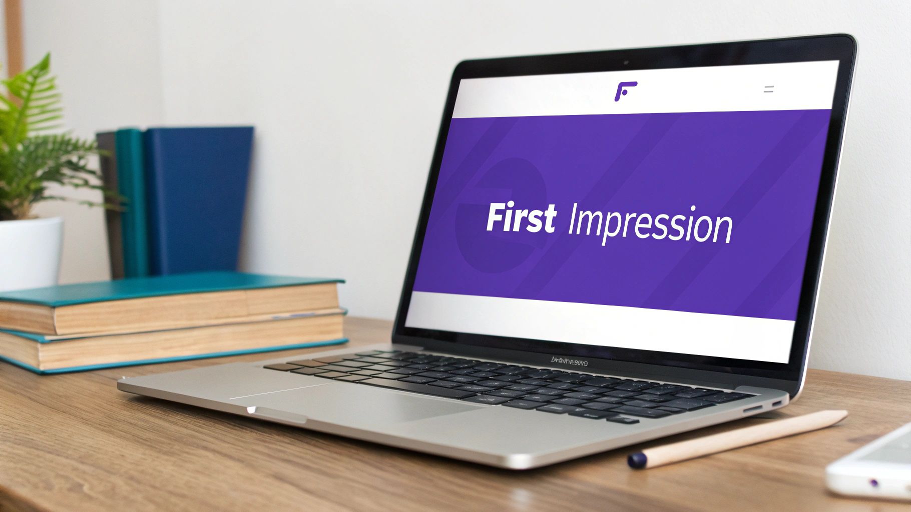 A laptop on a wooden desk displays a 'First Impression' webpage with a purple header. Books and a plant are in the background.