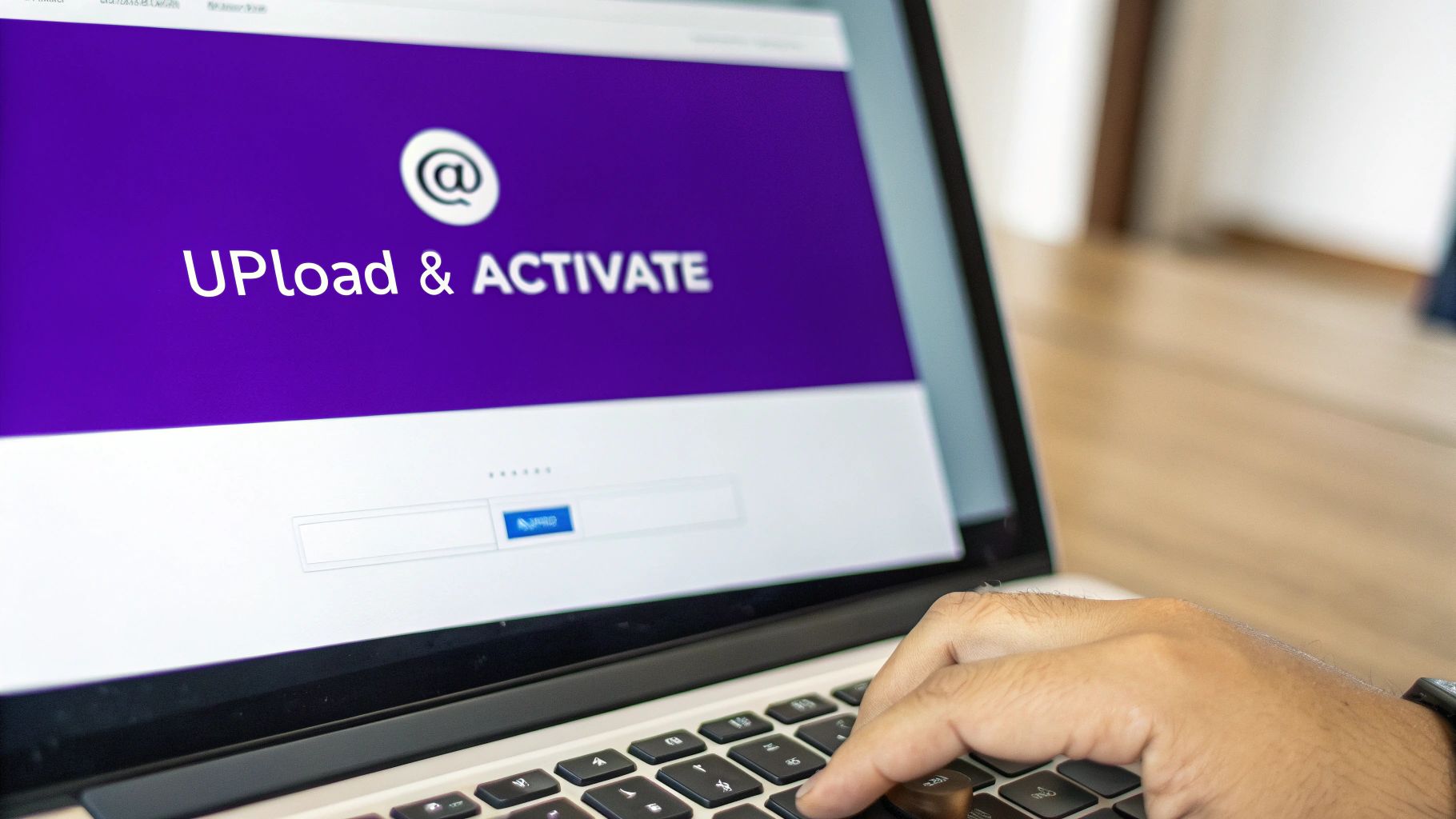A person typing on a laptop, displaying "Upload & Activate" on a purple screen.