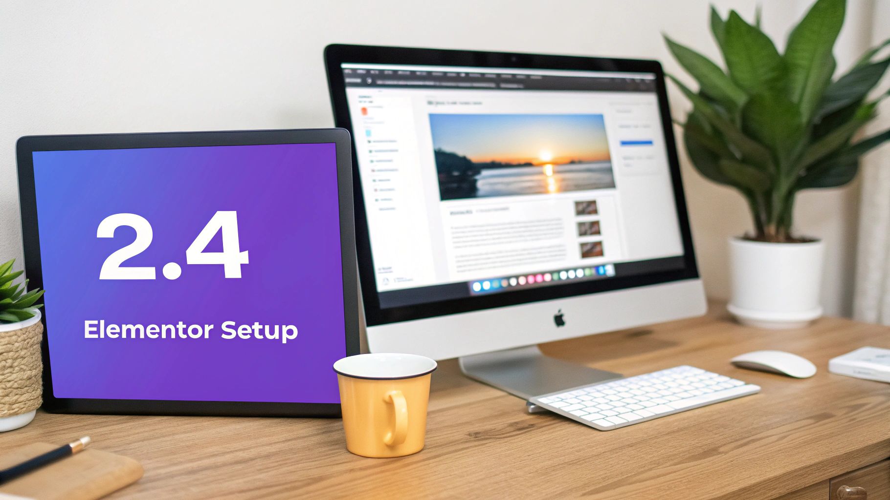 A clean wooden desk with a tablet, desktop computer, yellow mug, and green plants.