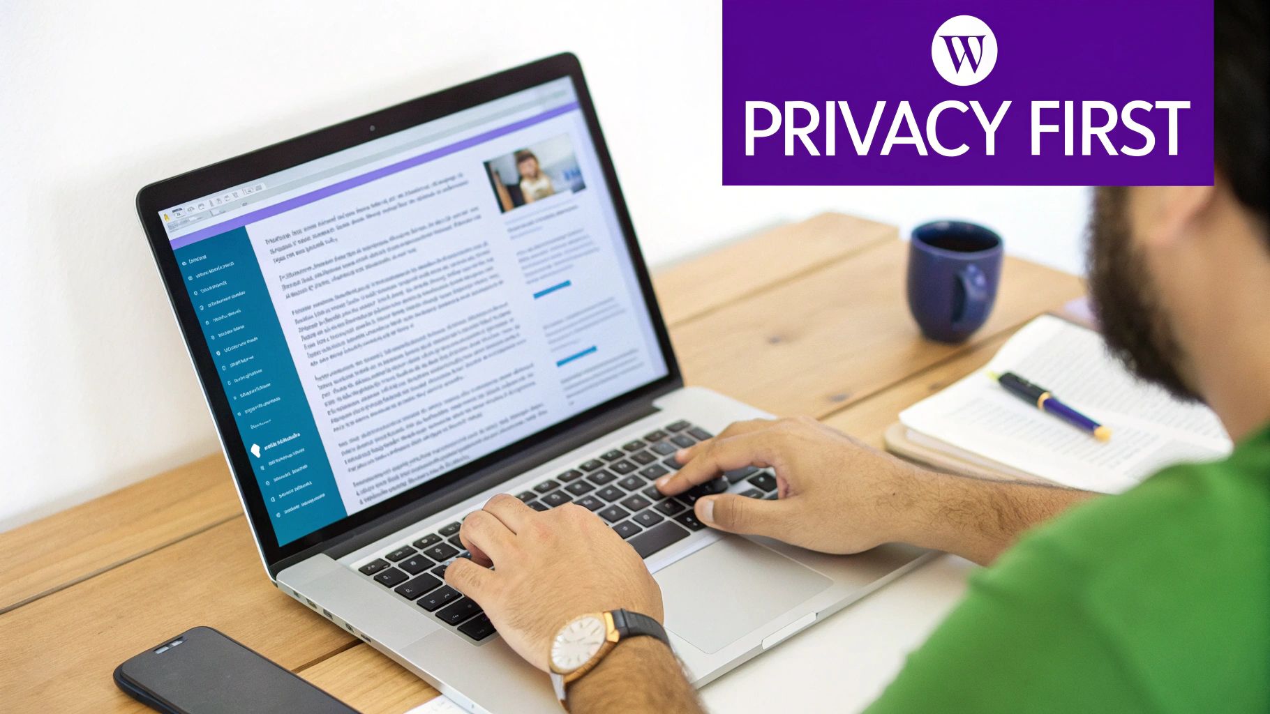 A person types on a laptop displaying a website, with a 'Privacy First' banner overhead.