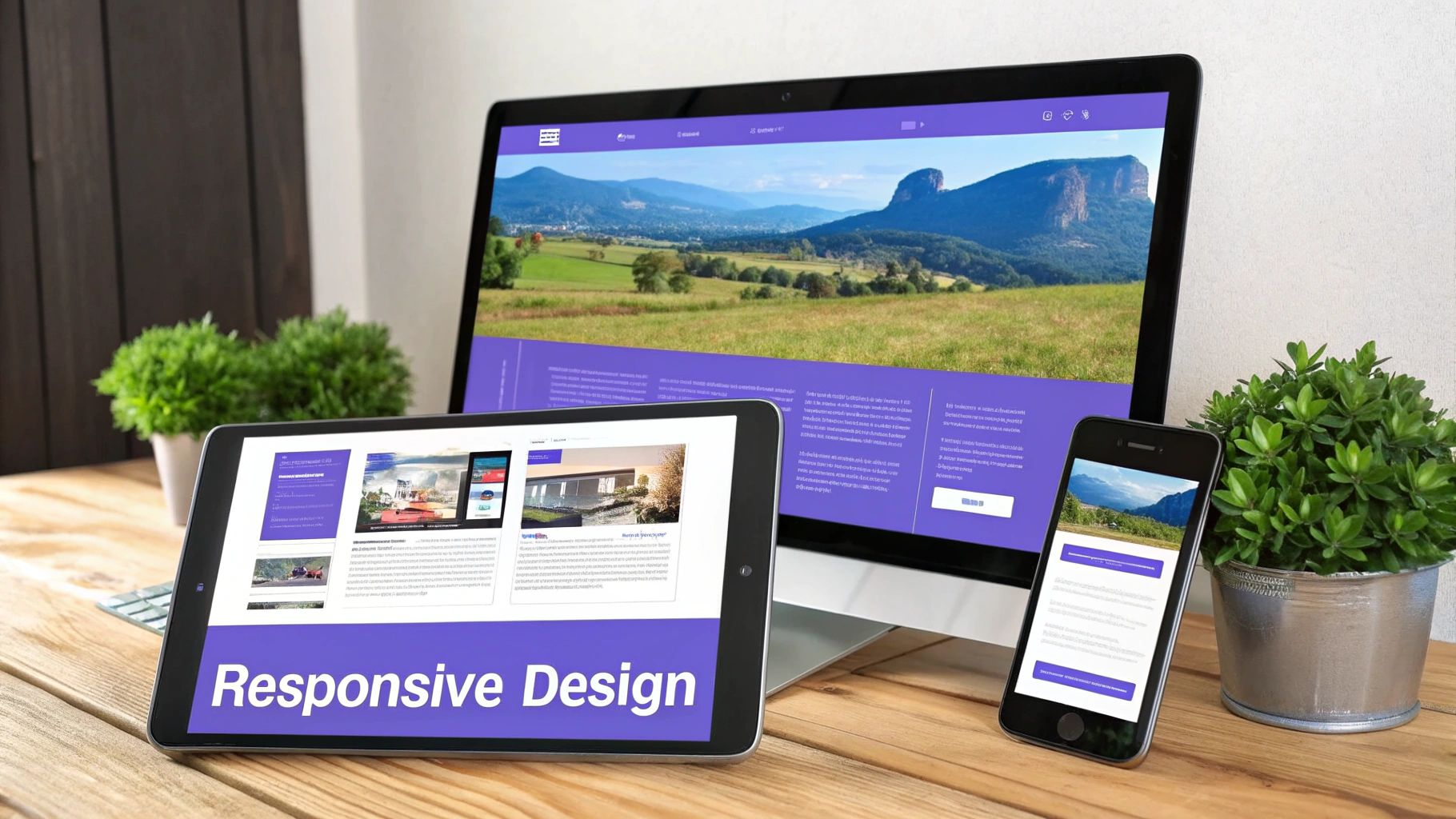 An image showing a website template being viewed on a laptop, tablet, and smartphone simultaneously