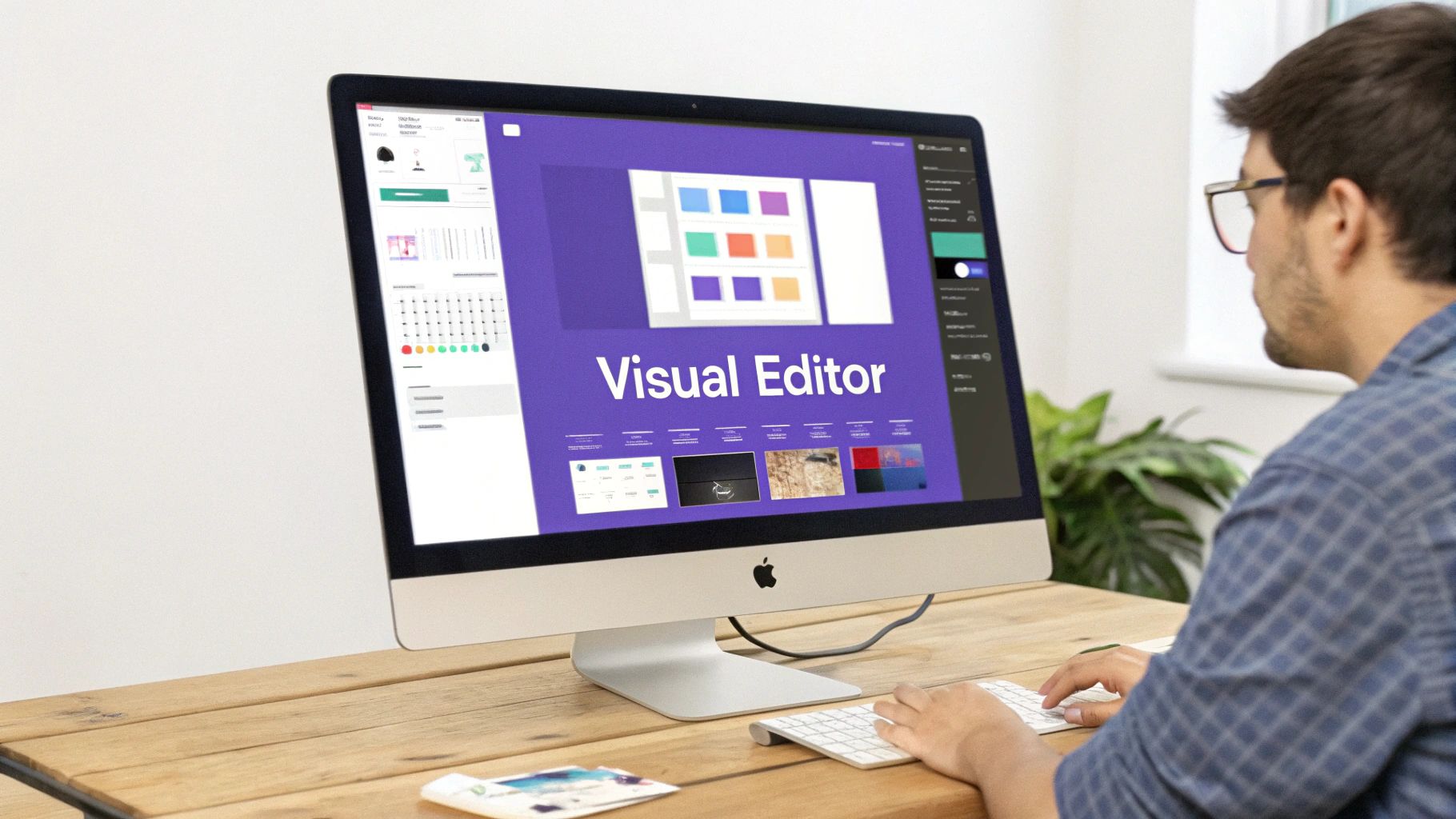 A marketer designing a landing page with a drag-and-drop page builder.