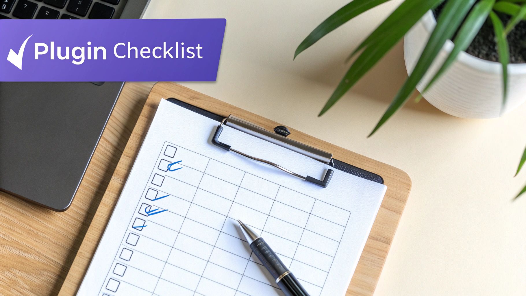 Overhead view of a desk with a clipboard, pen, laptop, and a 'Plugin Checklist' banner.
