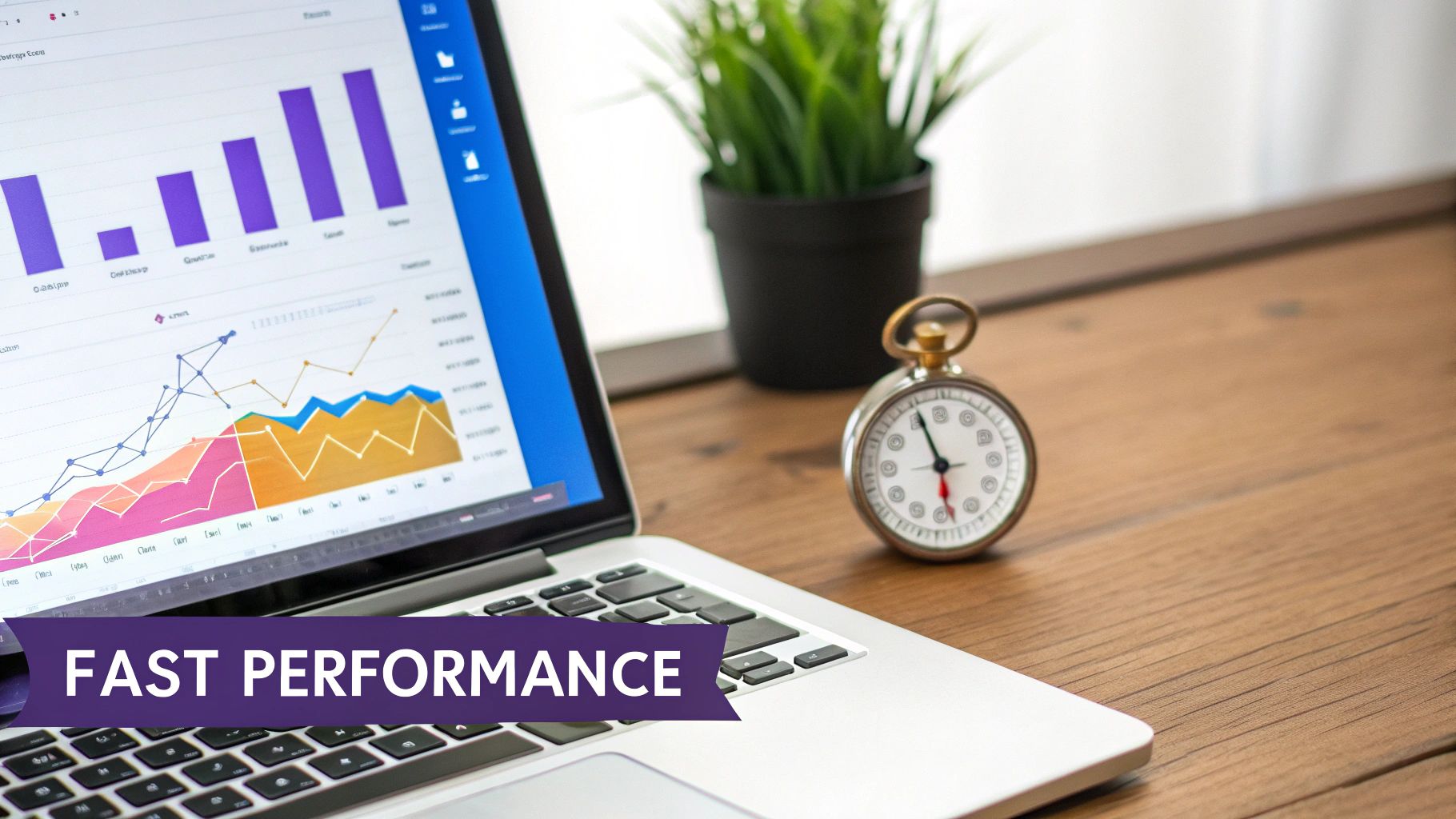 A laptop displaying performance charts and graphs, with a stopwatch on a wooden desk, symbolizing fast performance.
