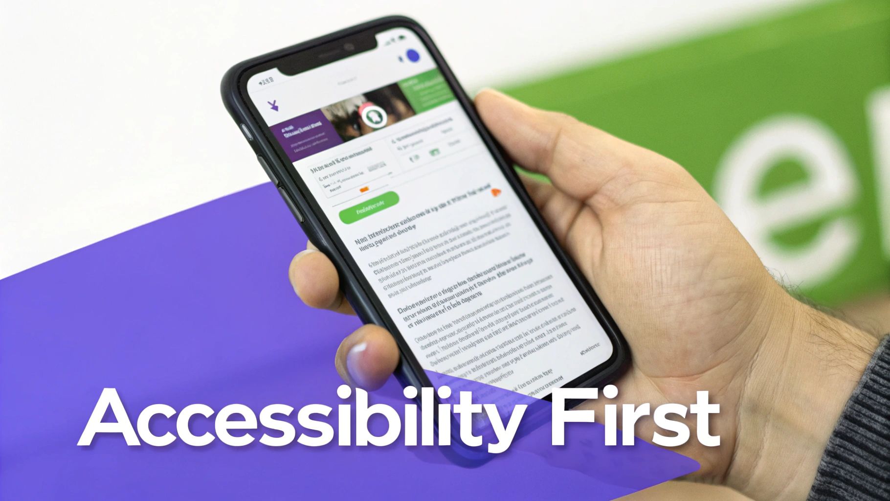 A person holds a smartphone displaying an application with content, emphasizing 'Accessibility First' on a purple banner.