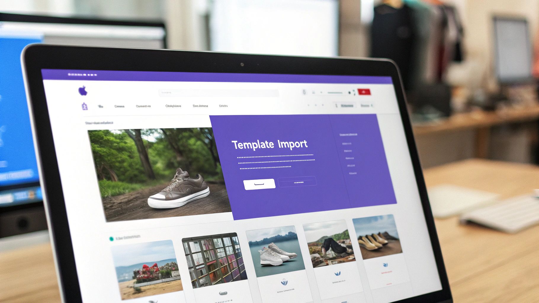 A woman browsing through different website templates on a laptop, looking thoughtful and creative.