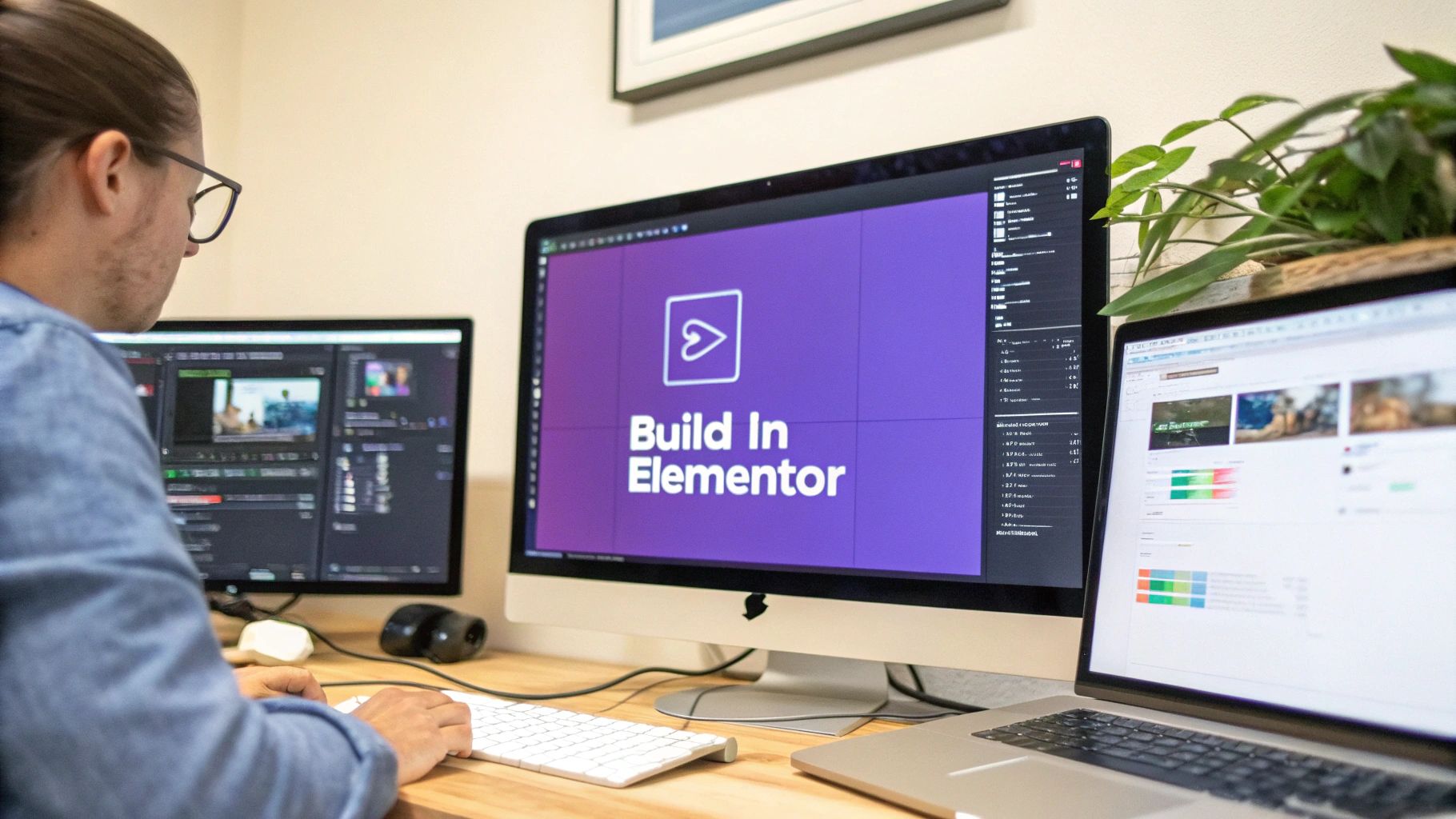 A person works on a multi-screen web design setup, featuring 'Build In Elementor' and video editing.