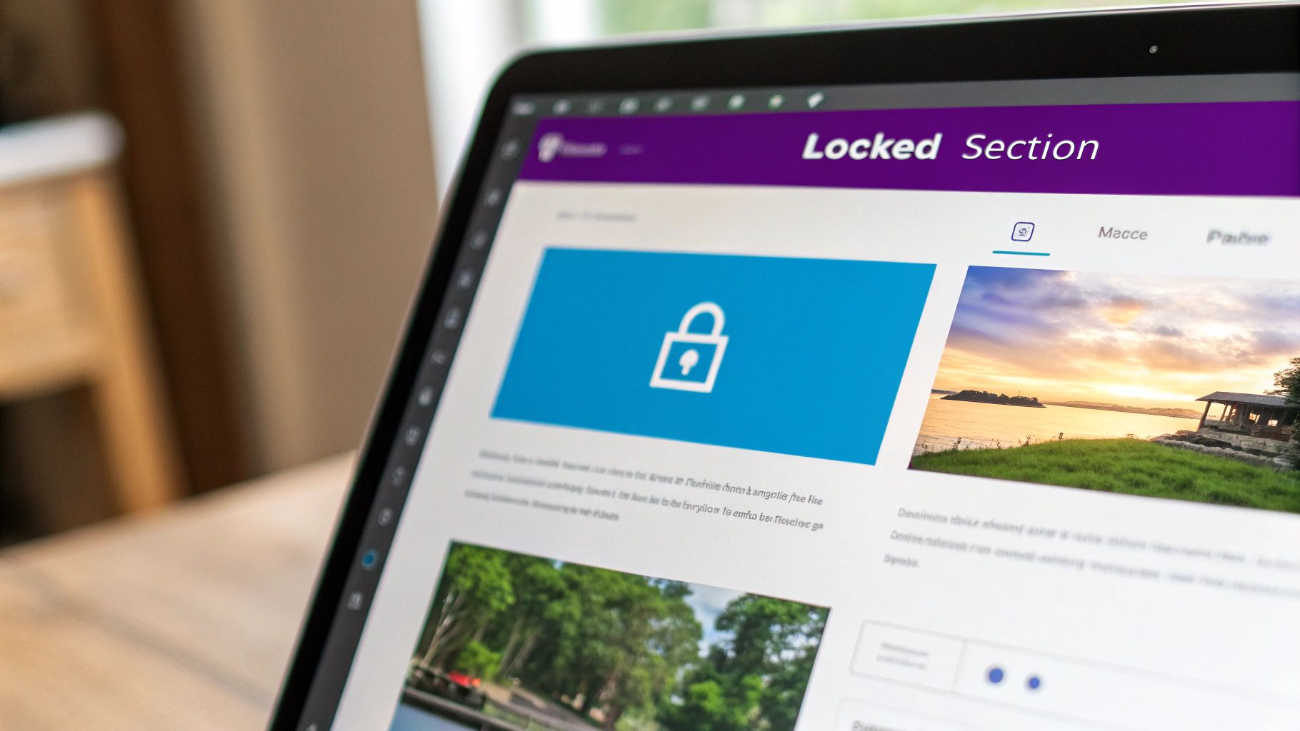 A designer working on a page builder interface on a large monitor, with elements being dragged and dropped.