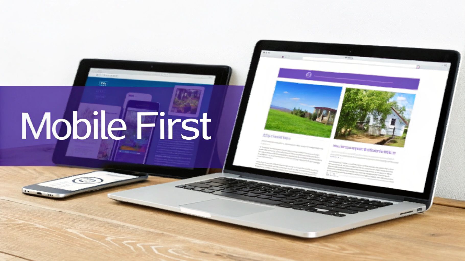A laptop, tablet, and smartphone displaying web content with a 'Mobile First' banner.