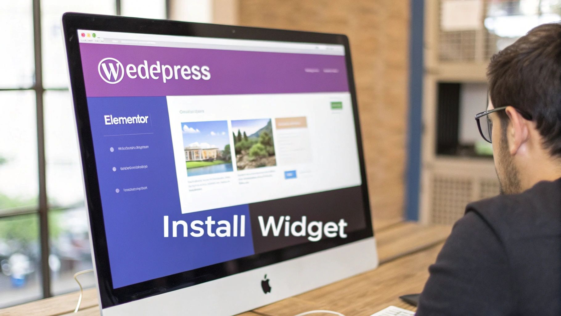 A person views a WordPress website on an iMac, displaying 'Install Widget' and 'Elementor'.
