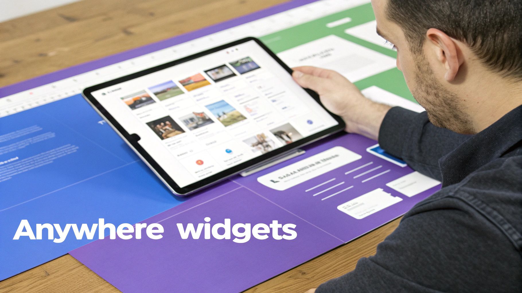 A person reviews UI designs on a tablet, surrounded by large printouts including 'Anywhere widgets'.