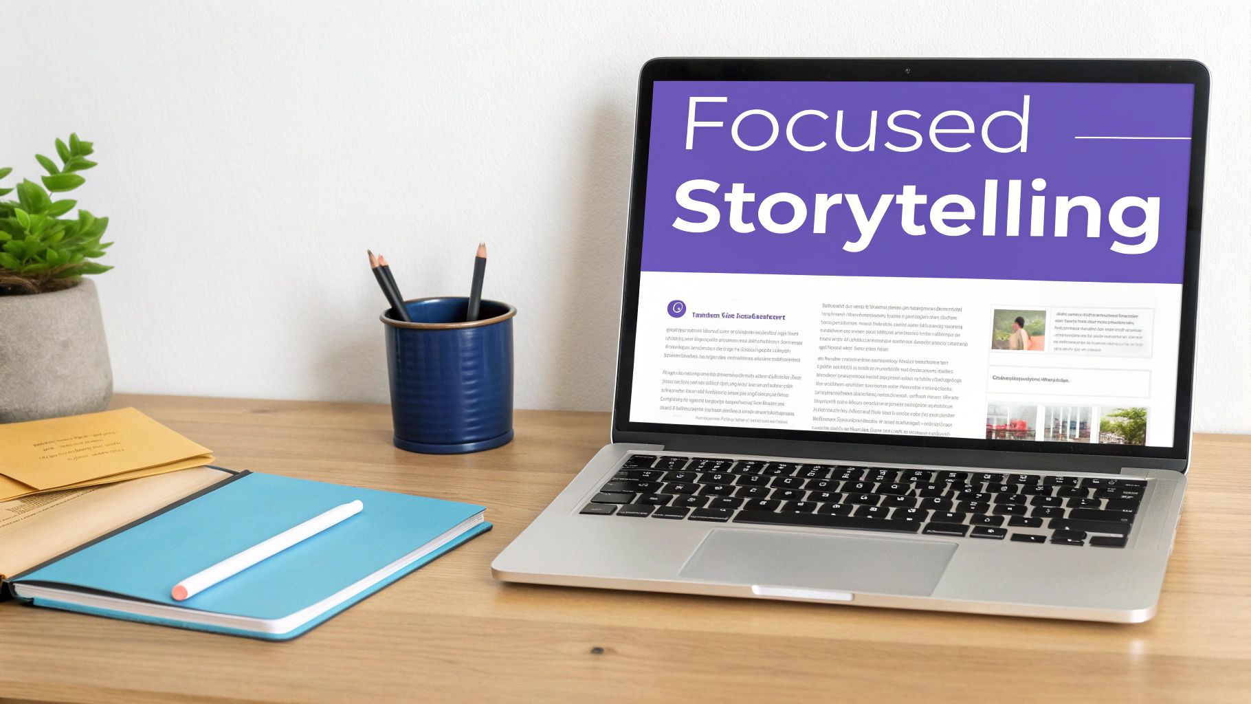 A modern workspace with a laptop displaying 'Focused Storytelling' content, a plant, and stationery.