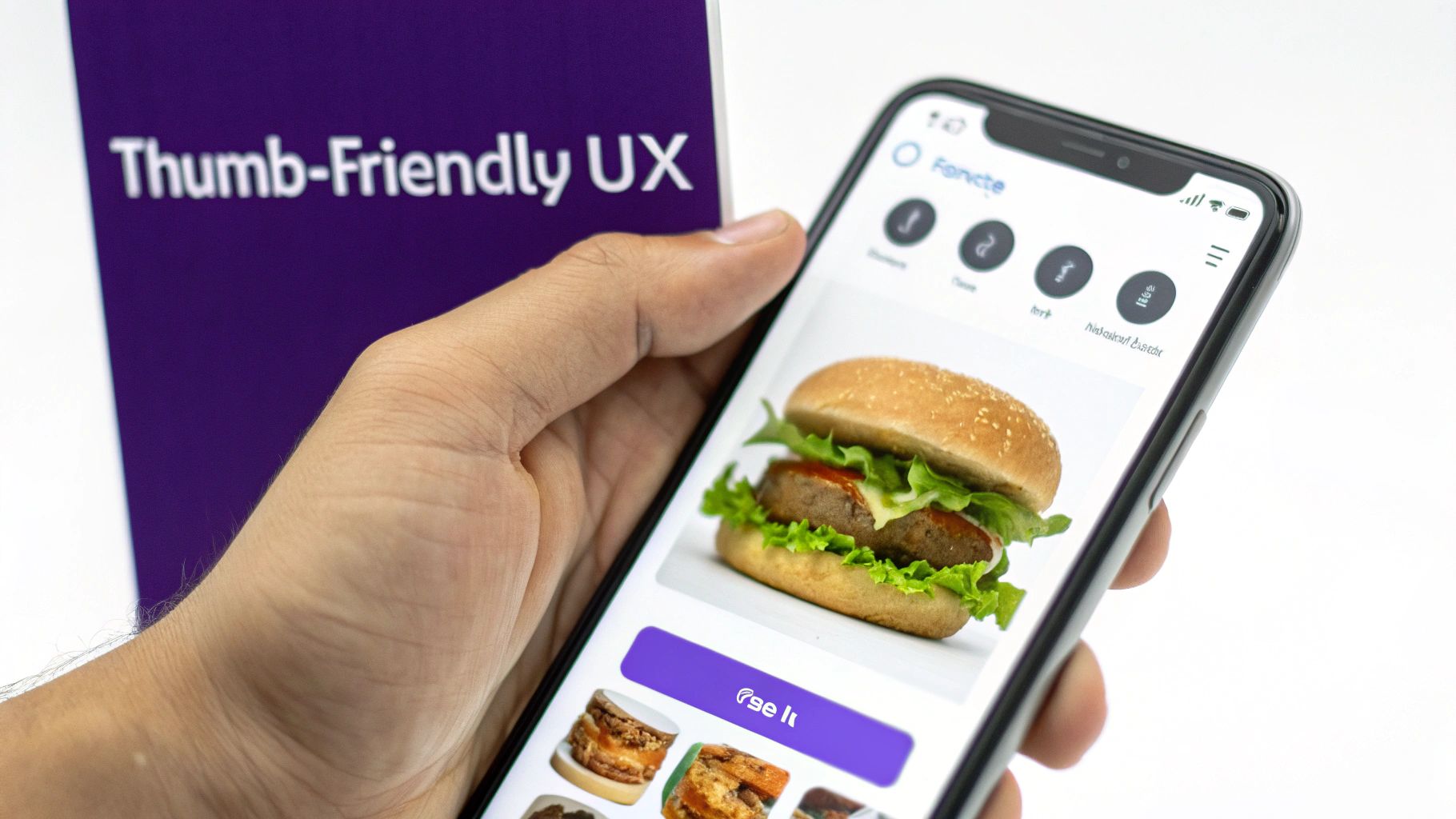 Hand holds a smartphone displaying a food ordering app with a burger, next to a 'Thumb-Friendly UX' sign.