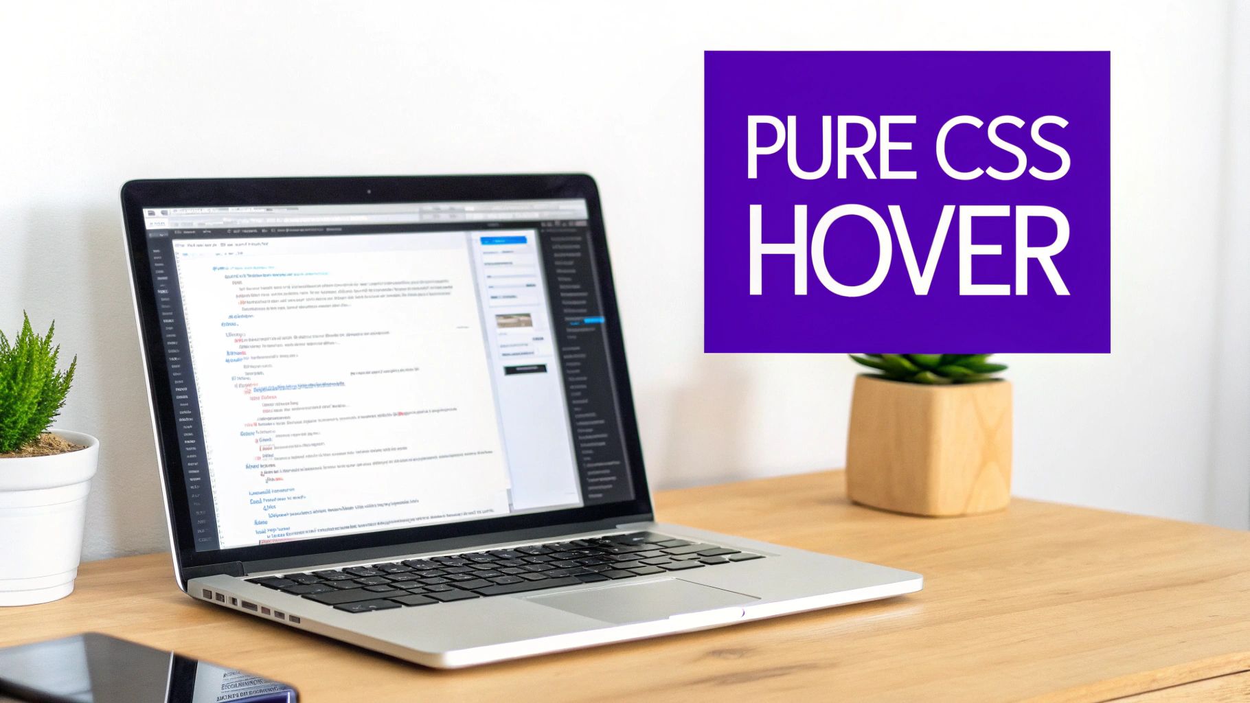 A laptop displaying code on a wooden desk with plants, overlaid with a purple 'PURE CSS HOVER' text box.