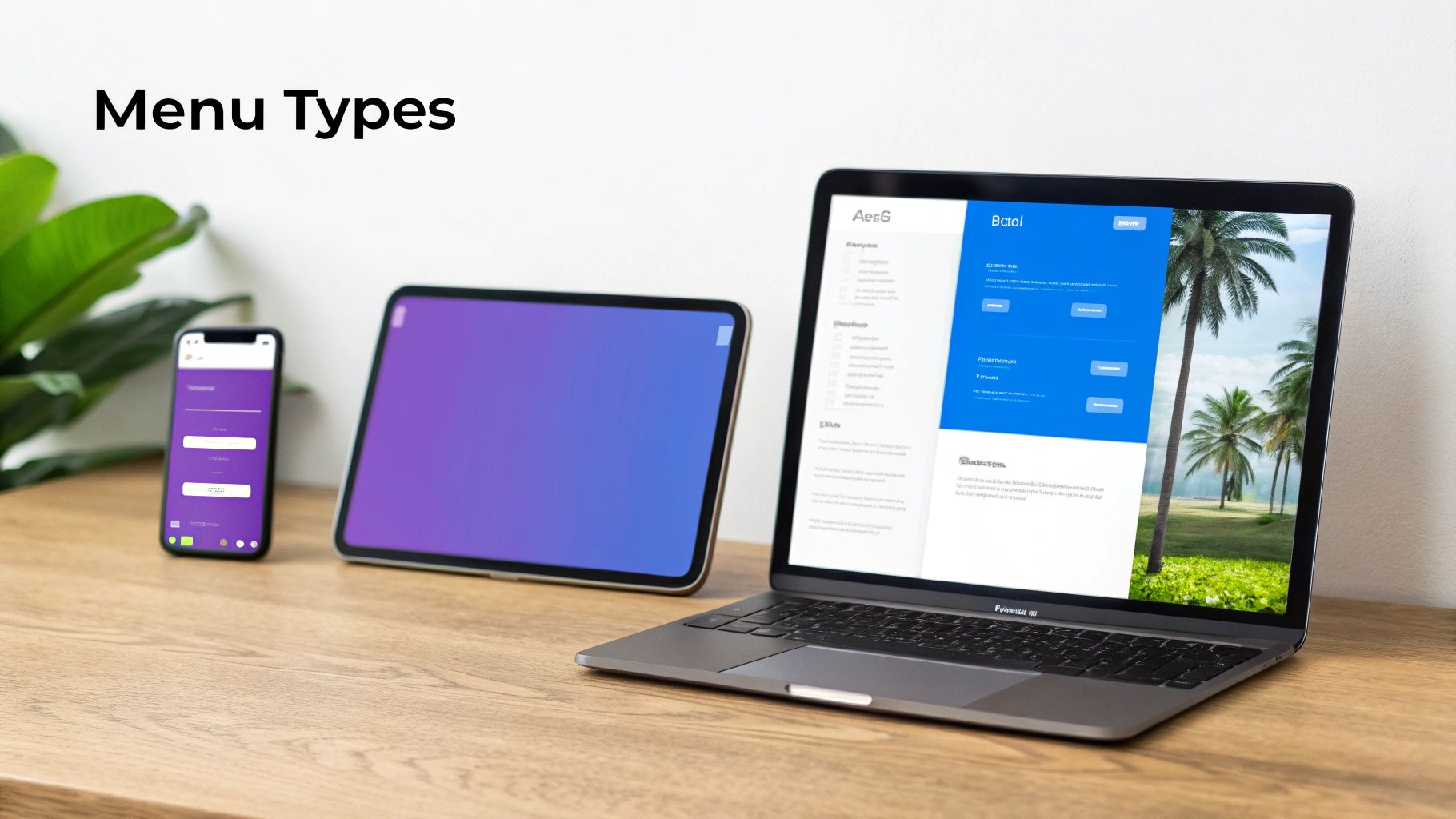 Digital devices on a desk, a laptop displaying website with menu types, a phone and tablet with apps.