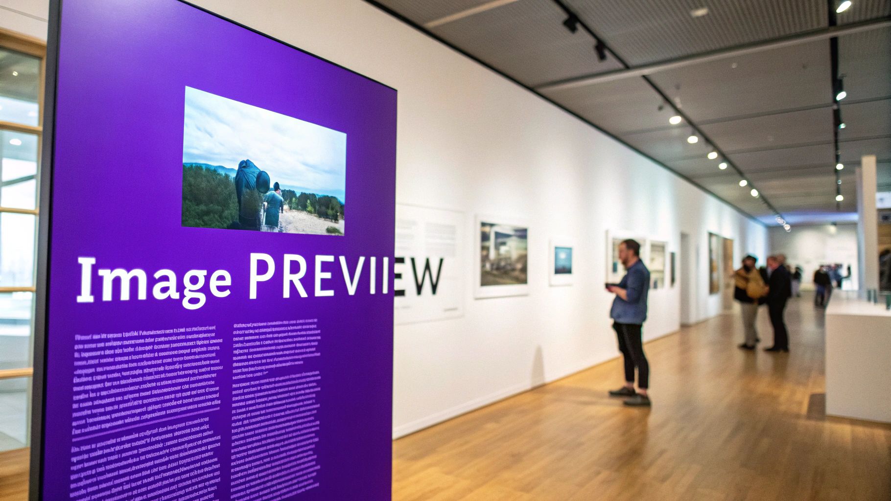 Visitors observe artwork and a large purple display featuring an image in a modern art gallery.
