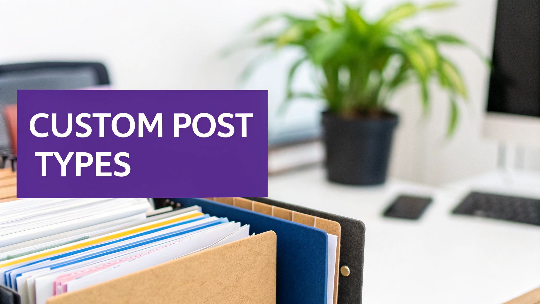 A purple banner displaying 'CUSTOM POST TYPES' text, set against a blurred office desk with organized files.
