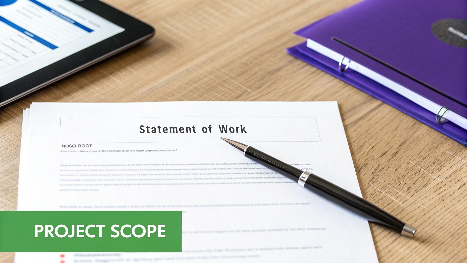 A 'Statement of Work' document with a pen rests on a desk, next to a tablet and a purple binder, highlighting 'PROJECT SCOPE'.