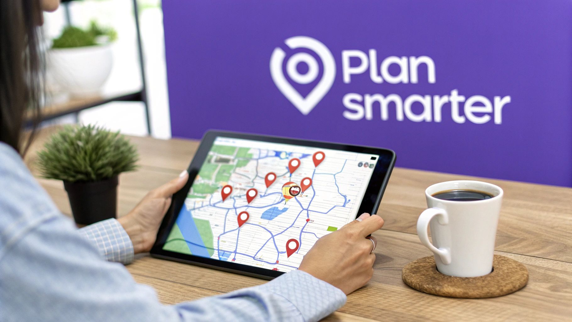 Person using a tablet showing a map with multiple red location pins on a wooden desk with coffee and plant.