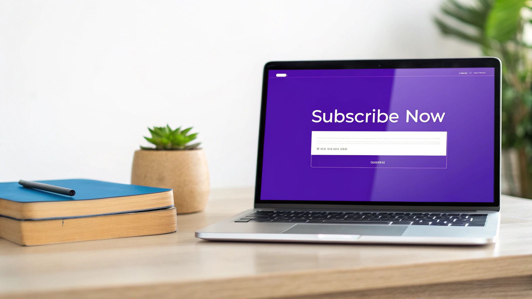 A laptop displaying a 'Subscribe Now' page with a purple background, on a desk with books and a plant.